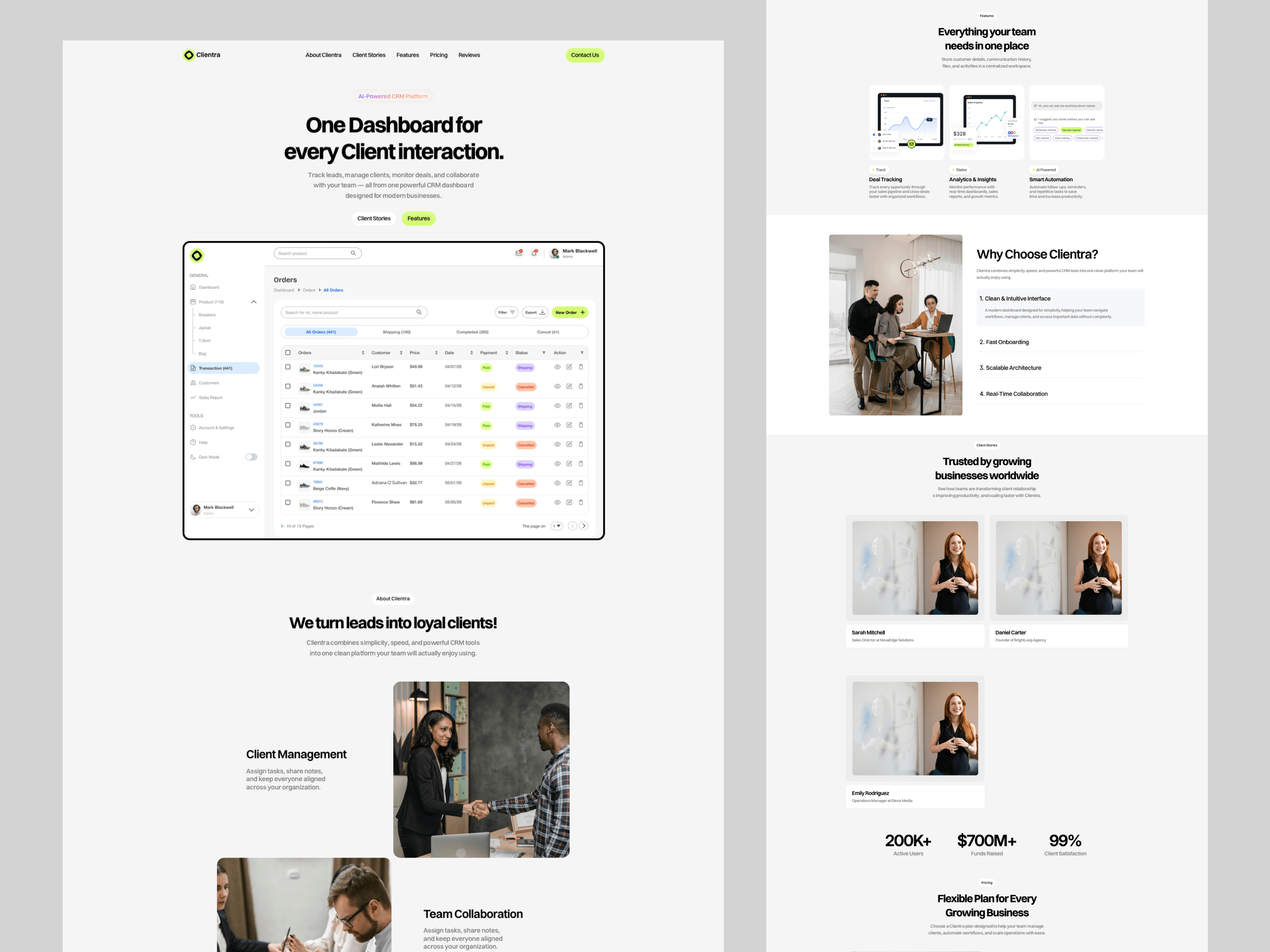 Clientra — AI-Powered CRMClientra is a modern AI-powered CRM landing page designed to showcase client management, sales tracking, team collaboration, and workflow automation in one clear experience.At Airzon Agency, we designed and developed the responsive experience in Framer, focusing on clean layouts, strong product storytelling, and conversion-focused sections.Designed in Figma. Built in Framer. ⚡Live Site: clientra1.framer.aiServices: UI/UX Design · Landing Page Design · Responsive Design · Framer Development