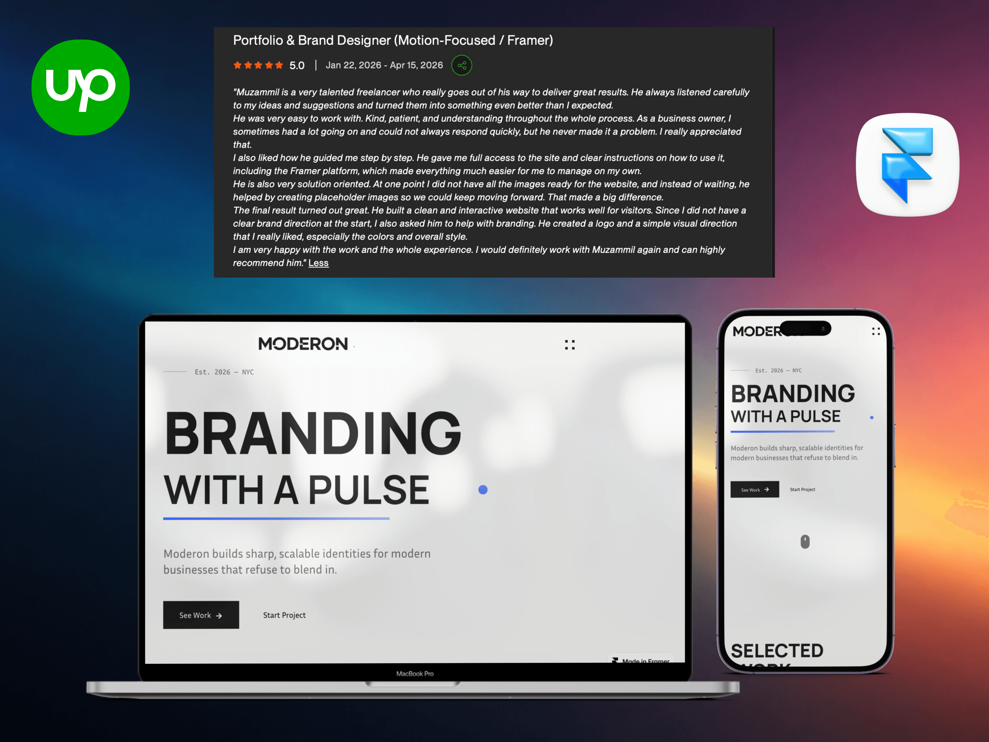 Moderon — Framer Branding Studio Website | Brand Strategy & Visual Identity | Modern Business BrandingMy Role: Framer Developer & UX/UI SpecialistFor Moderon, I created a sharp, bold, and energetic Framer website that perfectly captures their “Branding with a Pulse” philosophy. The design feels modern, confident, and full of life exactly what a premium branding studio needs.About the Project:Moderon is a branding studio based in NYC (est. 2026) that builds sharp, scalable identities for modern businesses. I designed and developed their complete Framer website featuring selected work, clear expertise areas (Brand Strategy, Visual Identity, Web Design), process, and strong client testimonials.The Challenge:New branding studios often struggle to stand out. The website needed to instantly communicate creativity, professionalism, and personality while showcasing work and attracting ambitious clients.Strategic Approach:"Energy + Precision" approach using bold typography, dynamic layouts, and vibrant yet sophisticated visuals to reflect a brand that has both pulse and strategy.The Solution:Bold & Contemporary Design: Strong use of typography, motion, and modern aesthetics that feel alive and premium.Clear Expertise: Well-structured sections for Brand Strategy, Visual Identity, and Web Design with specific deliverables.Project Showcase: Selected work gallery highlighting branding, logo design, and digital projects.Process Transparency: Linear yet flexible 4-step process (Discover → Direction → Design → Delivery).Social Proof: Powerful testimonials that build instant credibility.Result:A high-impact Framer website that positions Moderon as a fresh, confident branding partner for businesses that refuse to blend in. The site effectively attracts the right clients and showcases their ability to deliver brands with both strategy and soul.