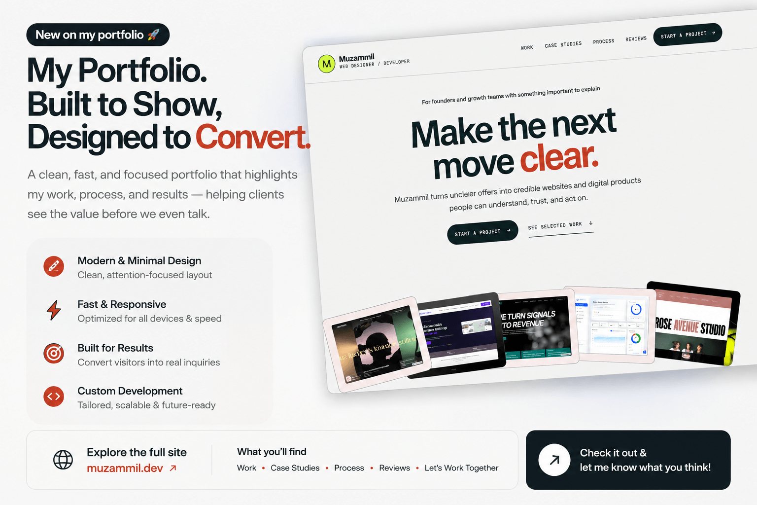 I finally put together a portfolio that shows how I design, build, and turn ideas into websites that actually work. Check out the portfolio → https://muzdevdesigner.com/Would love to hear what you think 👀#Webflow #Framer #WebDesign #WebDevelopment #WebsiteDesign #NoCode #UXDesign #SaaS #Startup #Freelancer