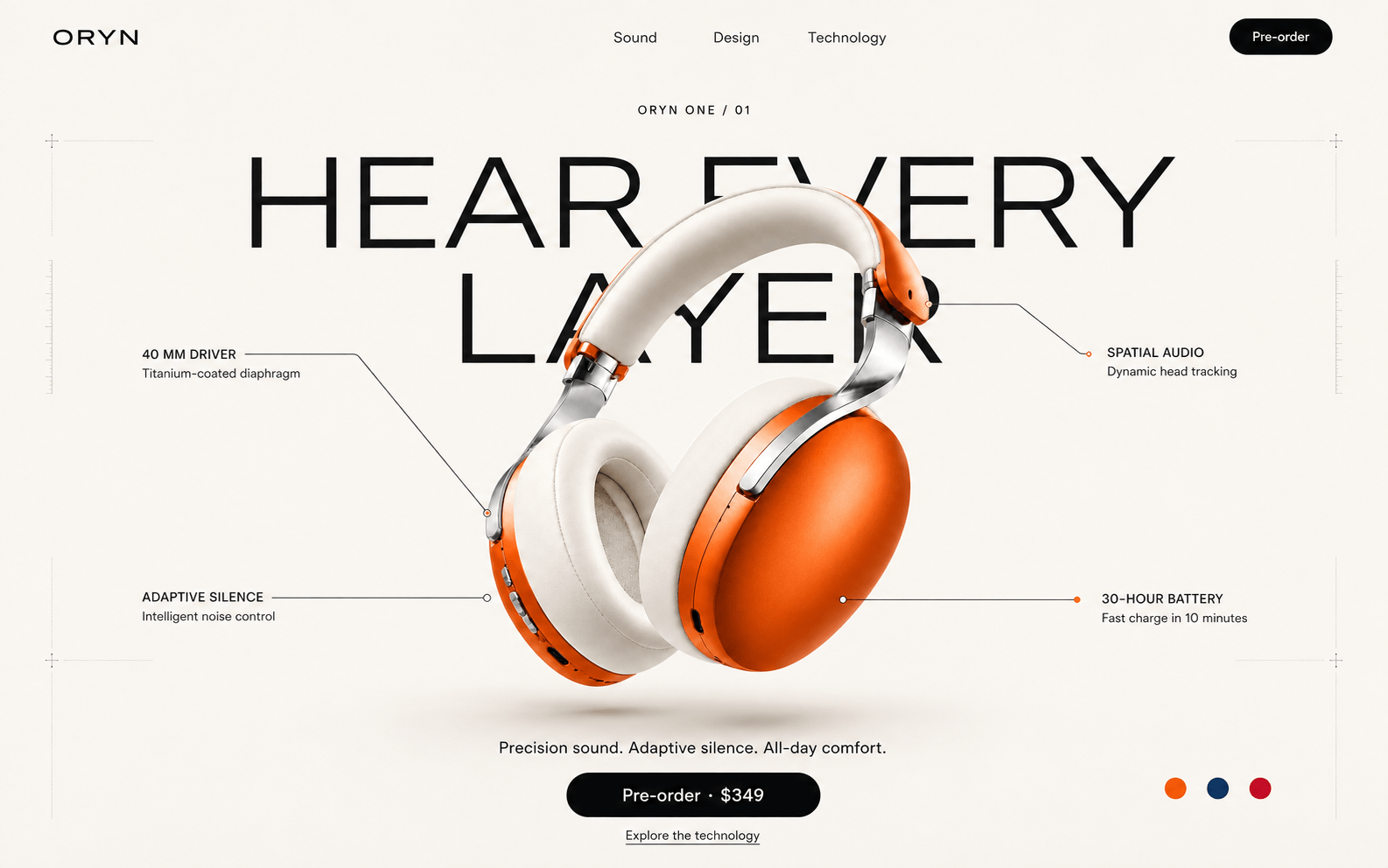Exploring two hero directions for a new headphone landing page.1 — Bold, editorial, and high-impact 2 — Clean, technical, and product-focusedWhich direction would you choose: 1 or 2?