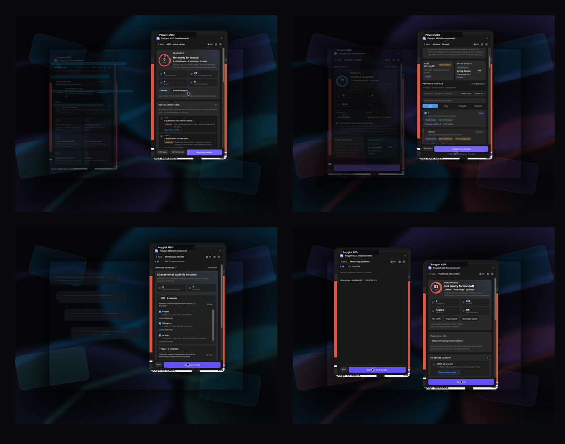 Framer builders working with multilingual sites: after publishing, how do you check whether AI crawlers see the same thing your client sees?I’m testing a small post-publish QA pass around:1. whether /llms.txt is reachable from the final domain2. whether JSON-LD matches each locale3. whether CMS titles and descriptions drift across languages4. whether the published page matches what was reviewed in FramerI turned the workflow into an independent Framer plugin called Polyglot AEO. If you want to try it, search “Polyglot AEO” in the Marketplace.Which of these do you still check manually before client handoff?