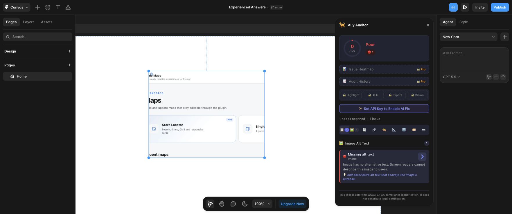 An accessibility issue list is useless if it makes you hunt through the canvas.This is the Framer workflow I wanted before client handoff:1. Run eight automated canvas checks.2. Click a finding and jump to the exact layer.3. Fix it, re-scan, and export a short QA report when the client needs proof.The screenshot is a real missing-alt-text finding selecting the affected image in Framer.Ally Auditor is intentionally not a WCAG certification tool. A clean automated pass still needs manual keyboard, screen-reader/assistive-technology, content, interaction, and published-site testing.All eight checks run in Free. Search “Ally Auditor” in Marketplace.If you ship Framer client work, which part still costs more time: finding the layer, fixing it, or producing handoff proof?