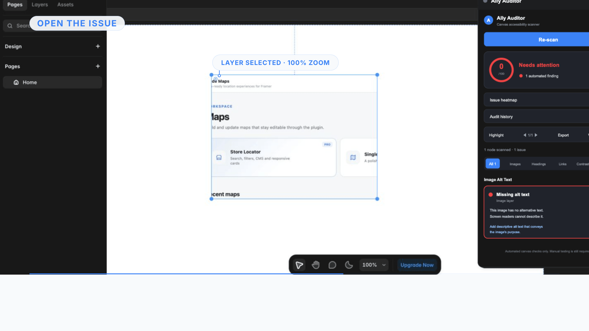 One thing I learned while building an accessibility checker for Framer: a score is not very useful if it leaves you hunting for the problem.The useful loop is much smaller:find one issue -> open it -> land on the exact layer -> fix it -> scan again.I am still deciding what information should come first on each finding:1. why it matters2. the exact layer3. a suggested fixFor me, the exact layer wins. This is the interaction I am testing in Ally Auditor.What would help you most during a client handoff?