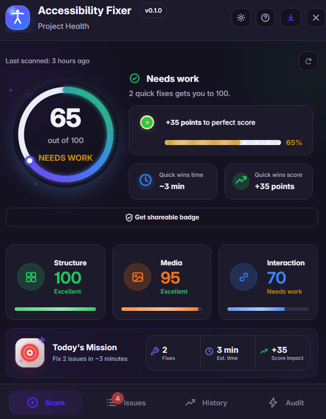 Accessibility shouldn't feel overwhelming.That's the idea behind Accessibility Fixer - scan your project, understand what matters most, fix issues with confidence, and track your progress over time.Here's a quick walkthrough. Feedback is always welcome! 🚀