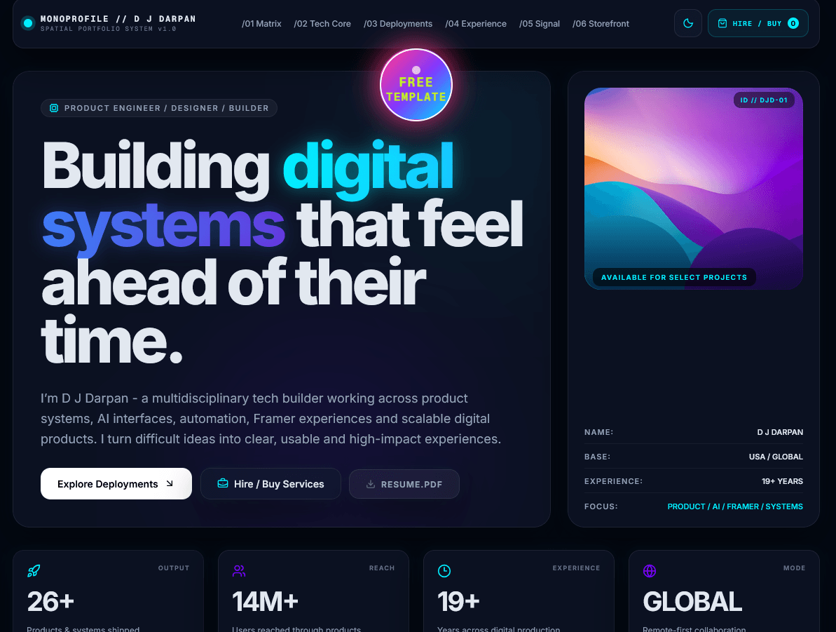 MonoProfile is live, and it’s completely free. ⚡I wanted to build a #portfolio template for tech people that didn’t feel like another “hero + projects + about + contact” website.So I built MonoProfile, a futuristic, native-first Framer portfolio for developers, product designers, engineers, AI builders, indie hackers, freelancers, and multidisciplinary tech folks.The idea was simple: your portfolio shouldn’t only tell people who you are. It should show what you build, how you think, what you use, what you’re working on right now, and how someone can work with you.MonoProfile is structured around 6 distinct sections:/01 Matrix — Your identity, expertise, impact and professional snapshot./02 Tech Core — Your stack organized by responsibility instead of a boring wall of logos./03 Deployments — Products, projects and experiments with role, stack, outcome and proof./04 Experience — A modern visual system for your professional journey./05 Signal — Notes, experiments, current work, open-source activity and things you’re exploring./06 Storefront — Services, pricing and a direct Hire / Buy experience built into the portfolio.Visually, I went for a minimal spatial-computing inspired interface with Bento layouts, dark glass surfaces, subtle particles, cyan/purple neon accents, depth, hover interactions and lots of small motion details.One thing that was especially important to me: MonoProfile is native-first.Most of the template is built using editable Framer components rather than turning the whole experience into code. Code is used only where the interaction genuinely needs it, so you can actually take the template apart, customize it and make it yours.And yes, it’s FREE. 🎉I wanted to release something that feels like a premium template without putting the premium price tag on it.If you're a developer, designer, AI builder or anyone building things in tech, give it a remix and make it your own.Would genuinely love to see what people build with this one. 🚀
