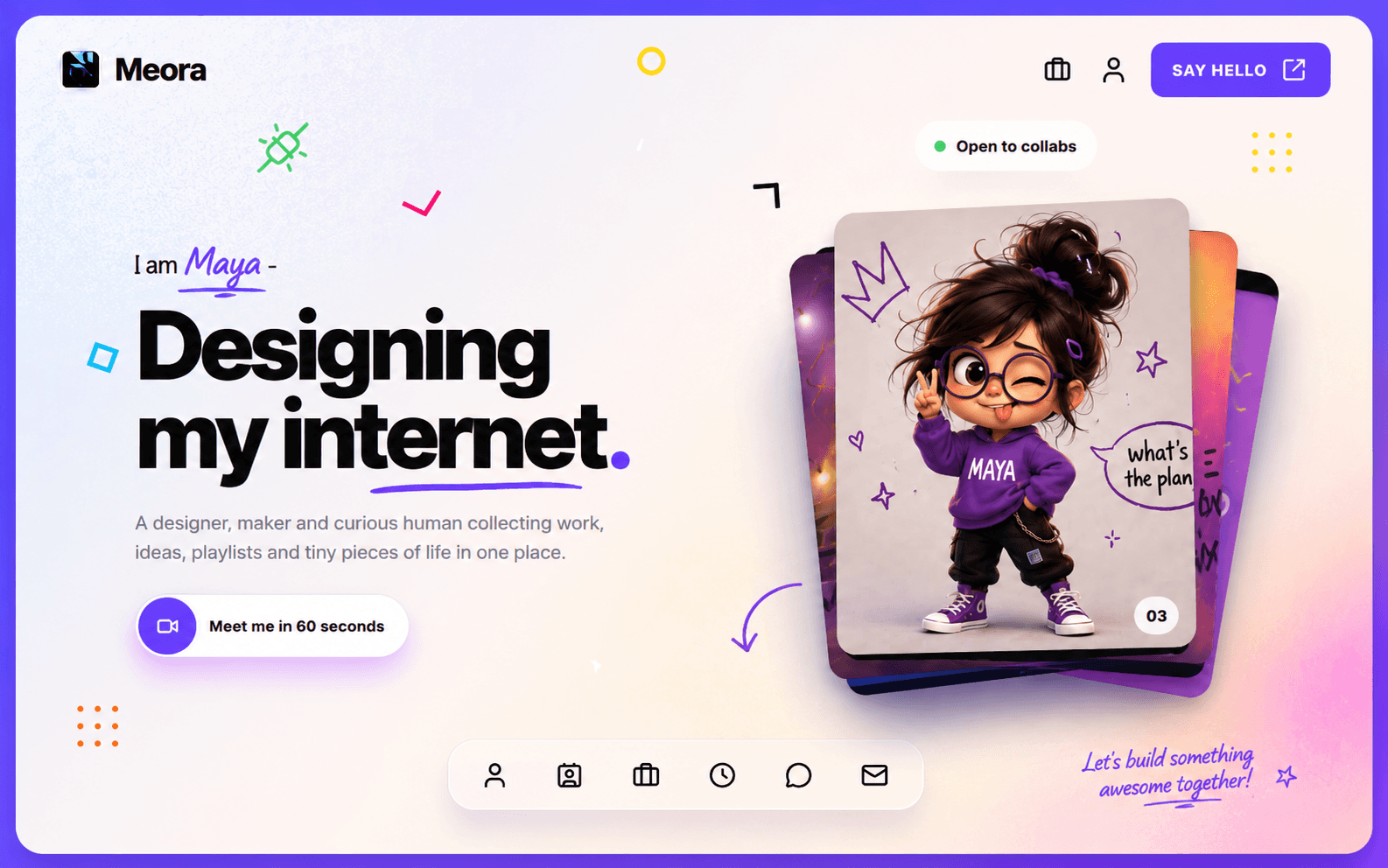 Meora 💜I wanted to build a personal portfolio that feels less like a traditional portfolio and more like your own little corner of the internet.So I made Meora, a playful one-page Framer template for designers, developers, freelancers, and creators.It mixes bold typography, colorful bento layouts, interactive photo stacks, smooth motion, playful micro-interactions, projects, experiments, music, personal moments, and more.The idea is simple: don’t just show what you do, show a little of who you are.Meora is free to remix, so feel free to explore it, customize it, break it, and make it yours. 💜Would love to know what you think!Explore Meora →