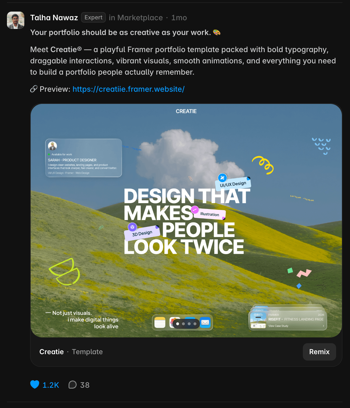 I can still track growth through only remixes.But 1.2K people choosing to tap “like” on something I made felt different.Maybe that’s not the best metric. Maybe it never was. But it was human.I’ve seen a lot of people on X saying removing likes and comments was a good move, and I get the reasoning. My experience is just a little different.I started using Framer on June 17th, 2026, around the same time Framer 3.0 launched, so likes and comments were part of the experience from day one for me.I wouldn’t say they defined whether my work was good or bad, but they were a small, reassuring signal that something connected.One of my favorite templates wasn’t the one I spent the most time on, the most personal, or even the most creative.It was the one where around 1.2K people took a second to tap the like icon.That meant something to me.They could’ve just clicked Remix and been on their way, but they chose to leave that tiny signal. Over time, that became part of how I understood the template’s growth and my own progress.I can still see how a template is growing and performing through stats, but there’s something different about knowing a real person chose to interact with it.I’m also going to miss opening Activity and seeing likes and comments come in. Even with no sales, it was a useful signal that people were noticing the work.I genuinely hope this change works better for the creators it was meant to help.