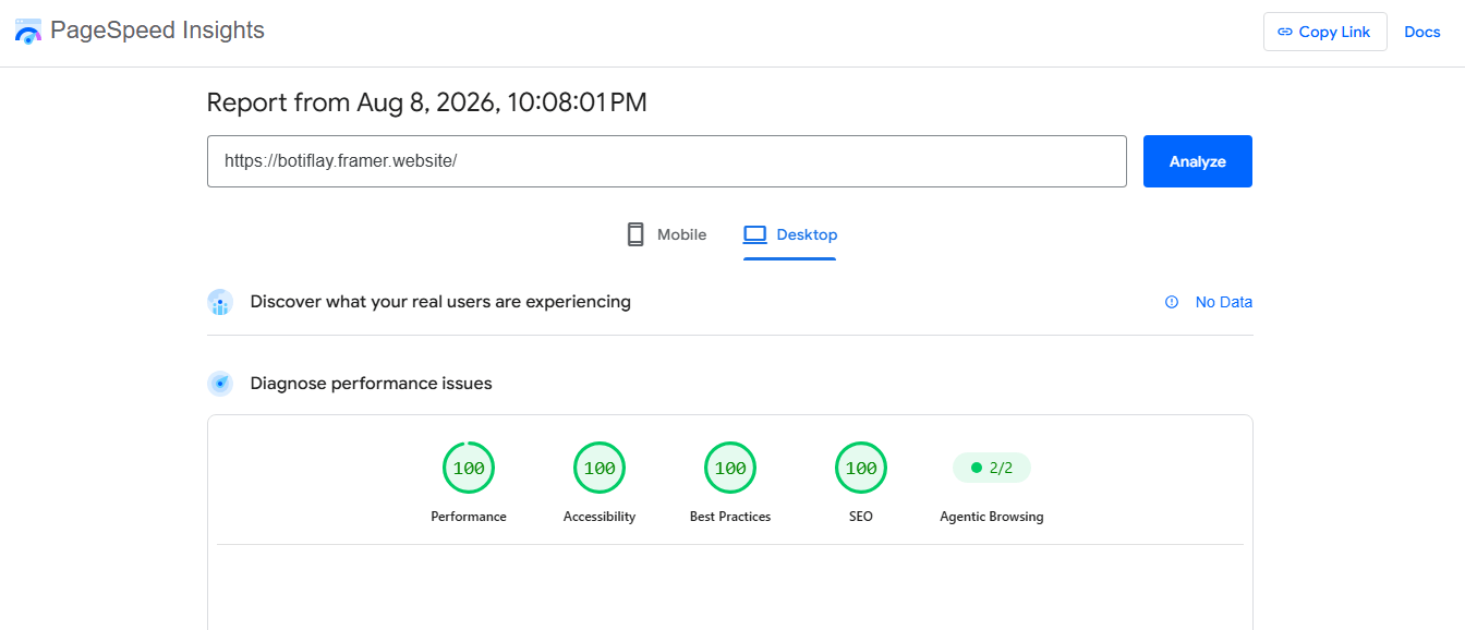Most templates sacrifice site speed for heavy, laggy animations. We don't.Botiflay scores a perfect 100/100 across all 4 Lighthouse metrics out of the box. Sub-second load times, clean DOM hierarchy, zero lag.Stop leaking leads to slow sites. Botiflay is 100% Free on Framer. Preview - https://framer.link/eOJYbZJ
