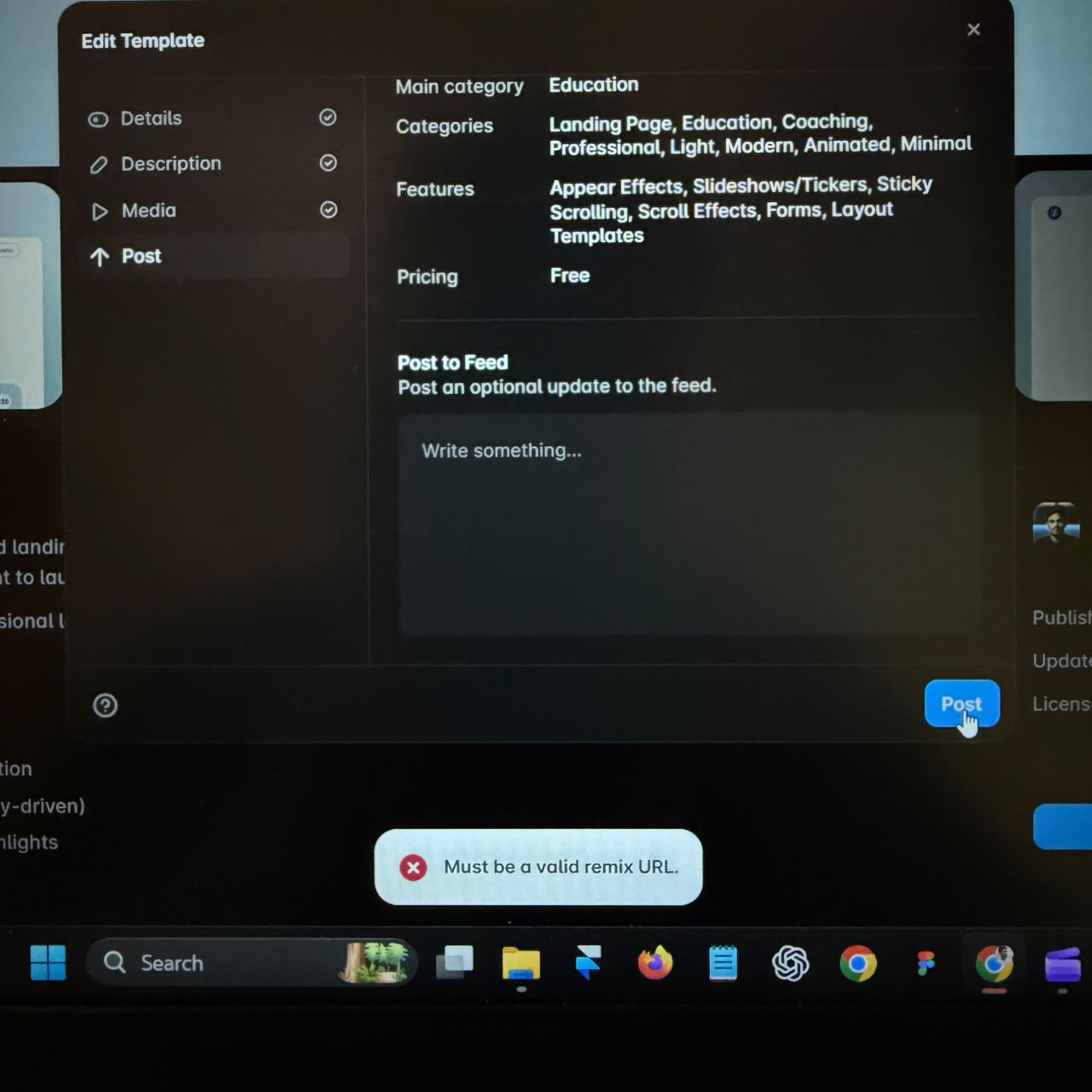 @Framer I can’t edit my template. I checked the Remix link, and it’s working fine. However, I’m getting an error saying “Must be a valid Remix URL.”I’m also trying to change my cover image, but I’m getting a different error there as well.Could you please let me know how I can resolve this issue?