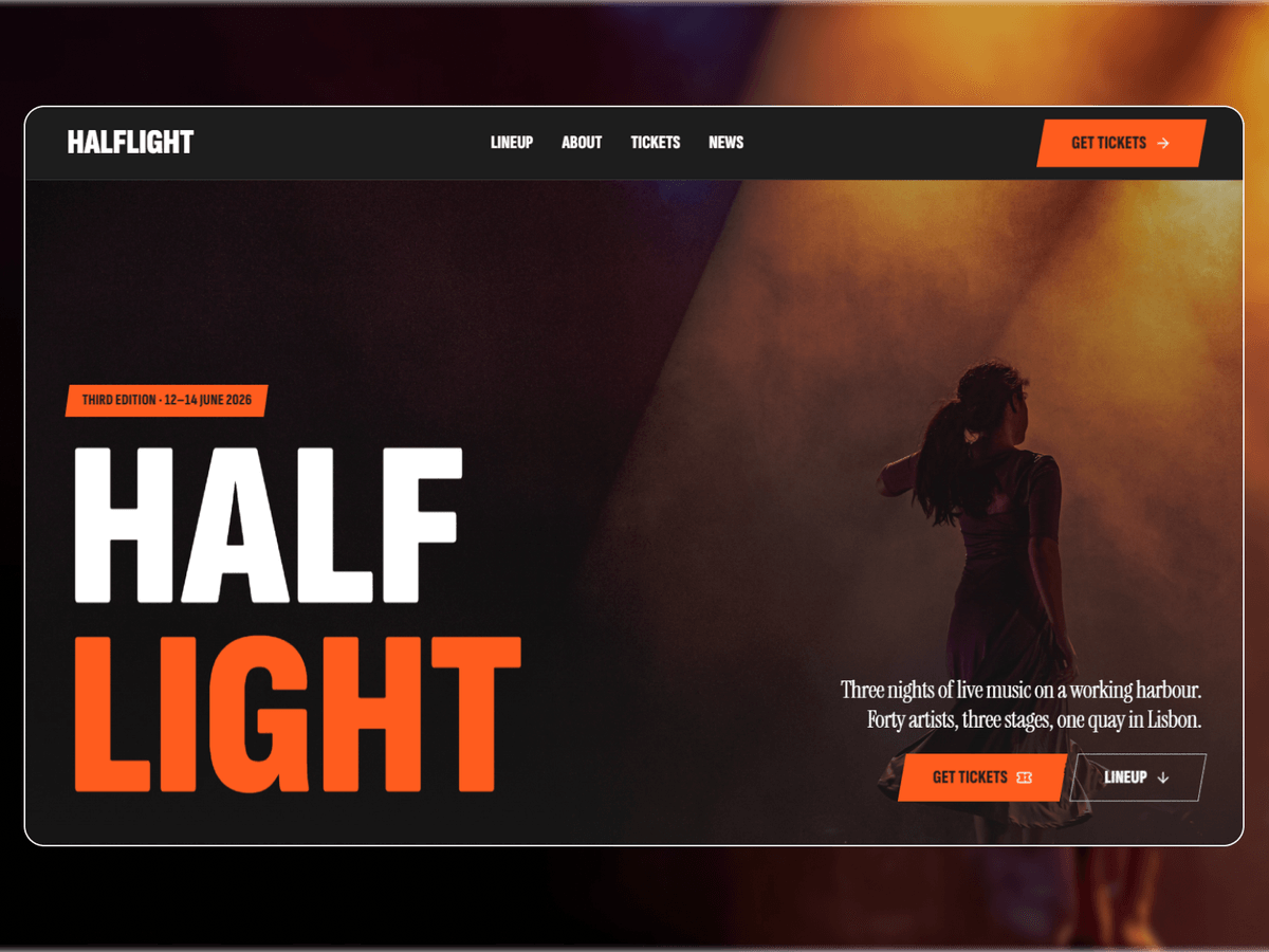 Halflight Fest: A Framer template for festival and event sites, built around a big-typography hero and moody stage photography.