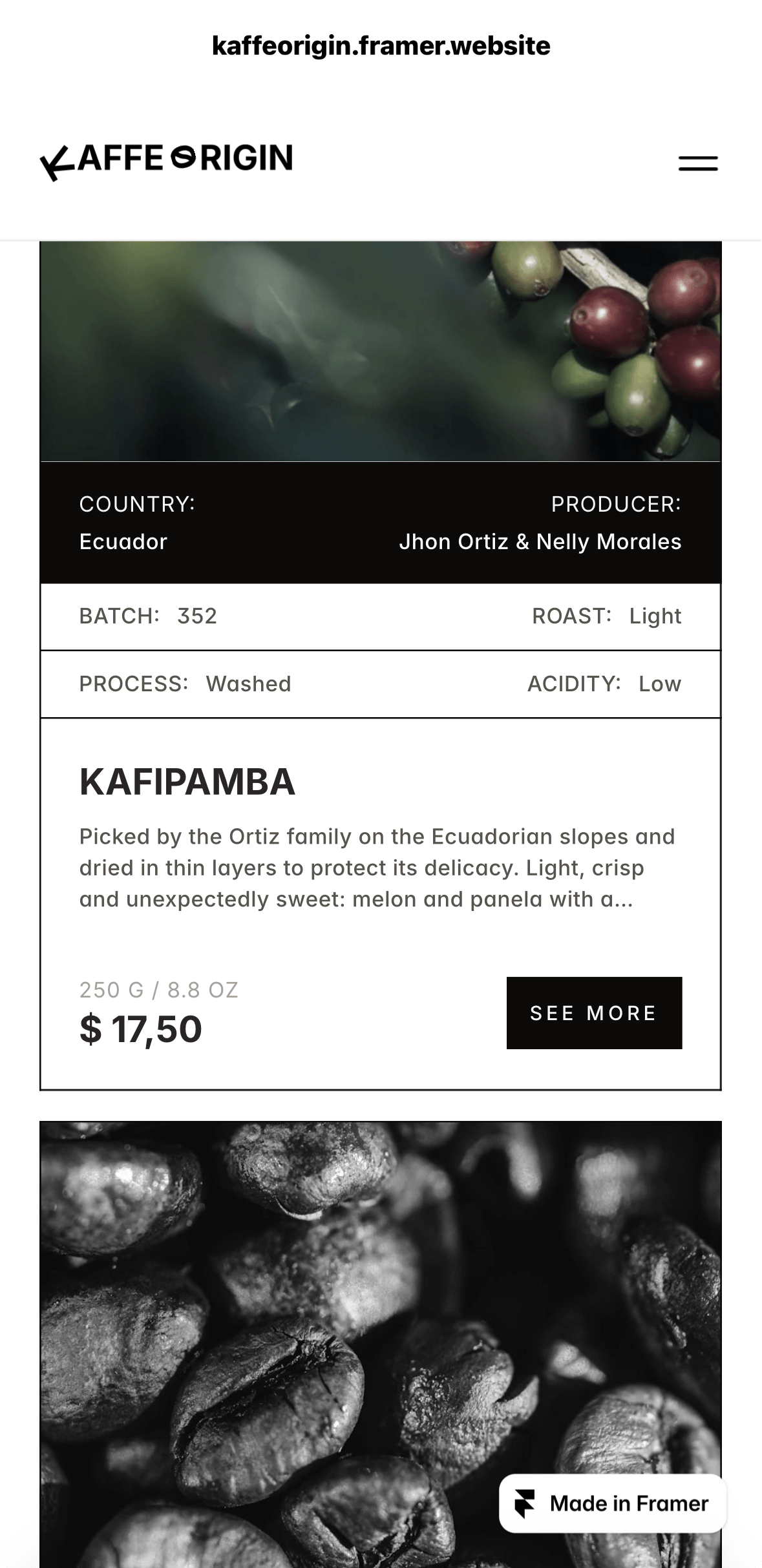 KAFFE ORIGIN templateBuilt for coffee. Works for anything with an origin.Kaffe Origin is a dark, typography-led template made for specialty roasters: a CMS-driven catalog, provenance data on every product, and a grayscale-to-color hover that lets the product carry the page.The structure underneath isn’t about coffee. It’s about the three things every origin-led product shares: where it comes from, what makes it distinct, and how it’s made. Rename the CMS fields and the same build fits:• Olive oil: grove, variety, harvest, cold press• Tea: estate, altitude, cultivar, oxidation• Wine & spirits: terroir, vintage, notes, ageing• Cacao: farm, origin %, fermentation, conching• Honey, cheese, spices, ceramics, fragrance: same logic, different vocabulary