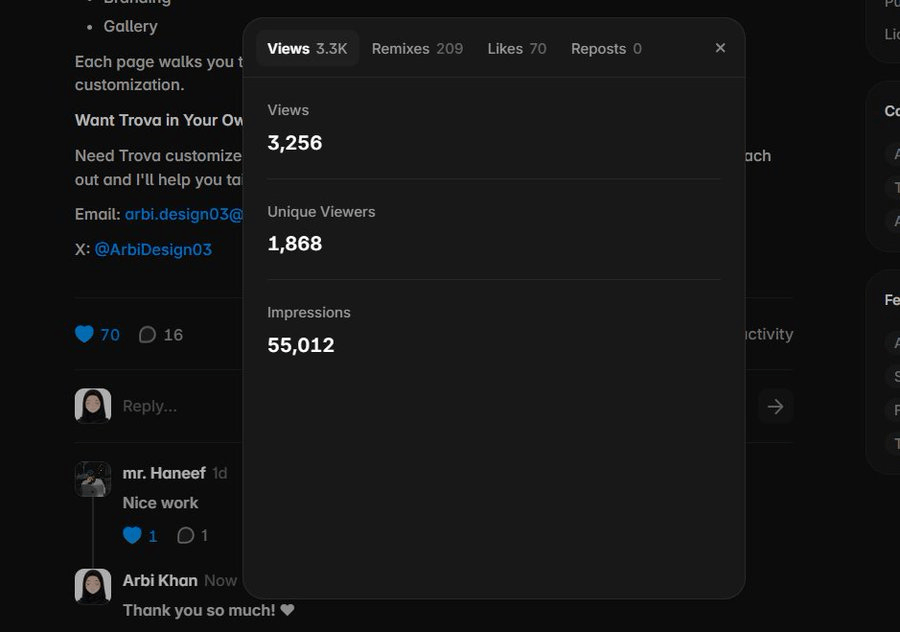 One month of Trova 🌿It’s been a month since I published Trova, my hiking travel agency template, so I wanted to share the numbers so far:3.2K+ views1.8K+ unique viewers55K+ impressions209 remixes70 likesThe 209 remixes honestly means the most to me. Seeing people actually open, explore, and remix something I built is a pretty great feeling.Thanks to everyone who checked it out, remixed it, or shared feedback. 🤍Take a look at Trova live → https://framer.link/VmHtJVu
