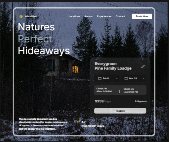 Give your eco-resort, cabin rental, or boutique stay website a dark, cozy, and ultra-modern first impression. WoodNest features a clean layout with a prominent booking widget, high-contrast typography, and dynamic social proof.Highlights:Built 100% natively in FramerGlassmorphism UI componentsMobile & Desktop responsiveEasy to customize colors, images, and textPlease share your valuable feedback or suggestions to help me refine this template!