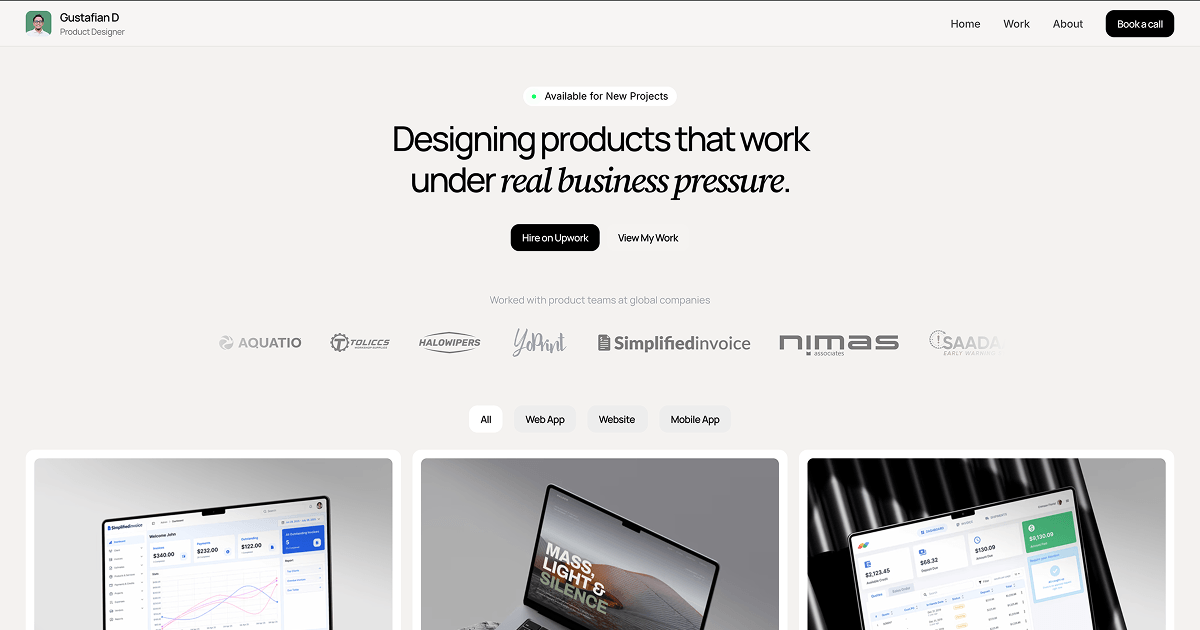 Just refreshed my portfolio. 🎯I design products that hold up under real business pressure, SaaS dashboards, web apps, and tools teams actually rely on day to day.Trusted by teams like YoPrint, Simplified Invoice, and Aquatio.Currently available for new projects. Take a look and let's build something that works. 👇gustafiande.com