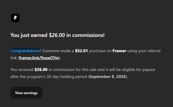 I finally made my first commission after the Framer 3.0 update! 🥹🔥Someone purchased Framer through my referral link, and I just received my first $26 commission.You can check out my free template below 👇Would love to see what you create with it! 🚀https://www.framer.com/@murad-hussain/?tab=template