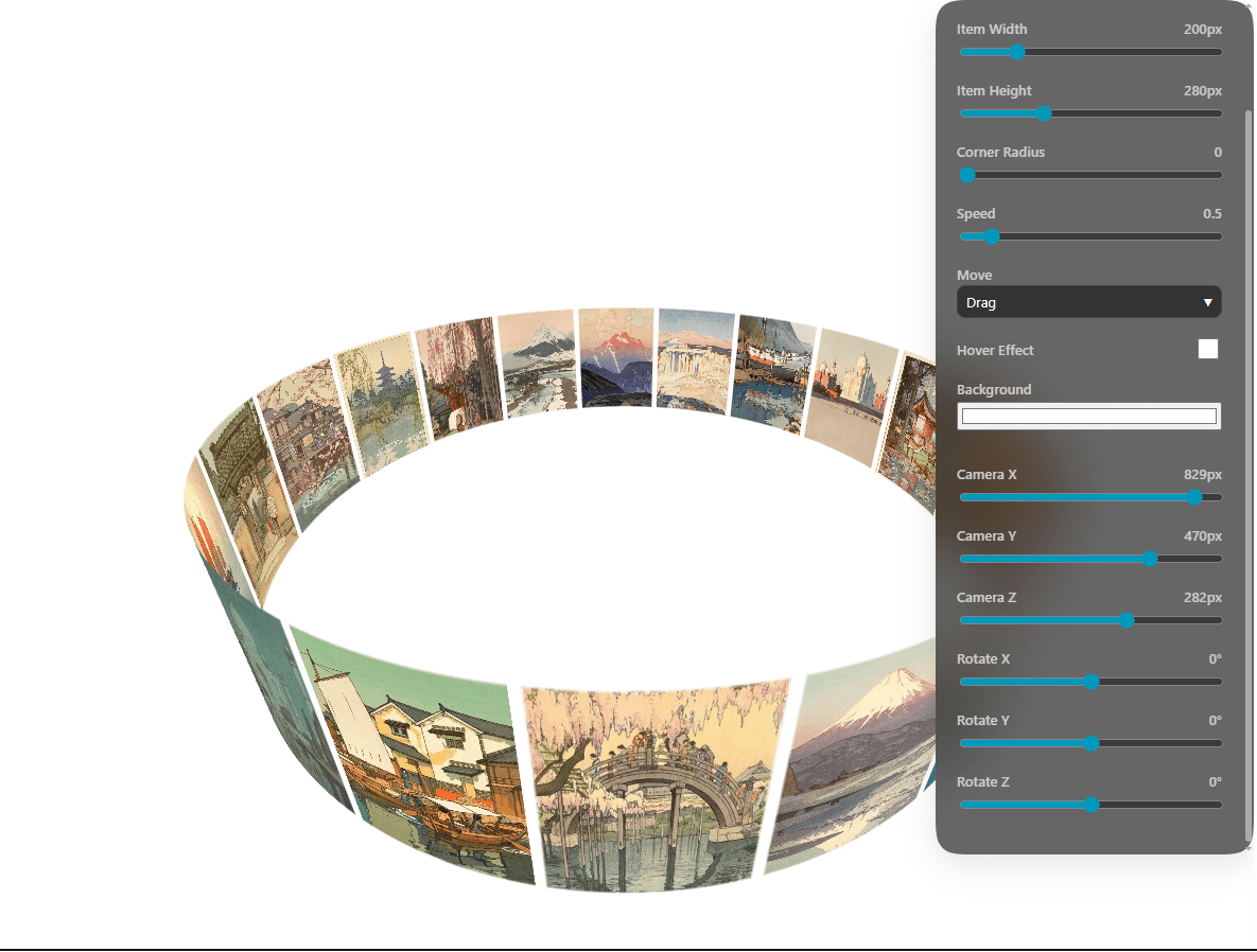 I’m taking an old workhorse and giving it a major facelift.I’m keeping every single property control docked right next to the preview.Sliders for size, movement, camera position (X, Y, Z), and rotation; toggles for hover, speed, and corner radius; and color picker.Everything is exposed,except for objects.
