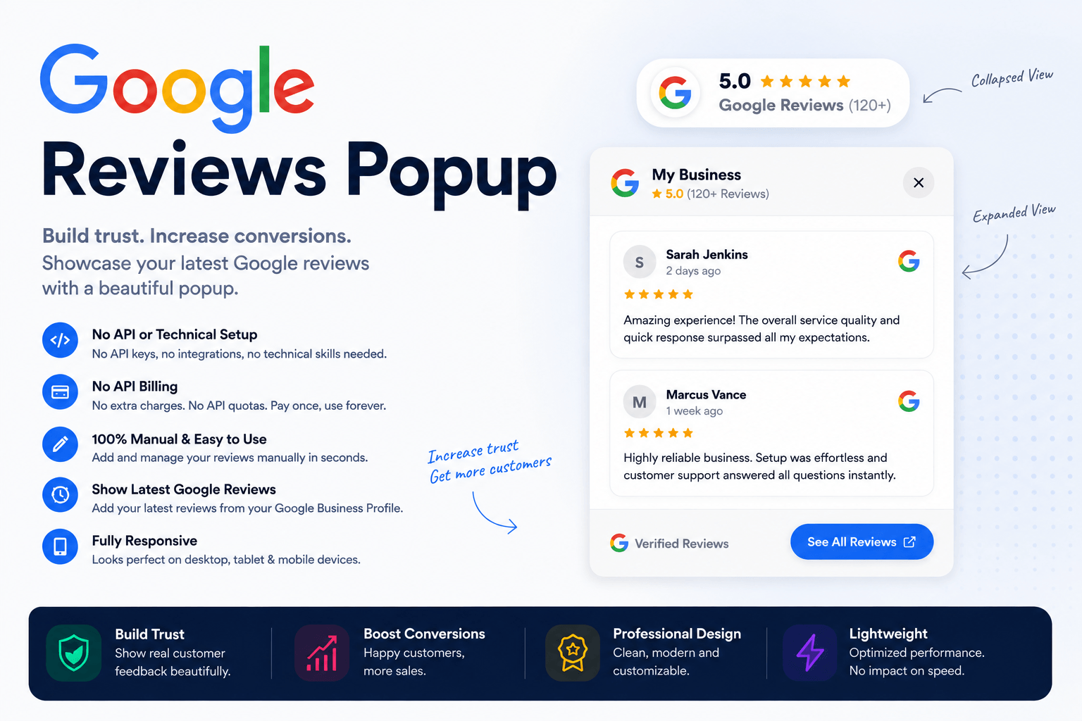 Trust drives conversions.A beautiful website is important but visitors also need a reason to trust your business before taking action.Your Google reviews are already powerful social proof so why hide them on your Google Business Profile?That’s why I created Google Reviews Popup - a Framer component that brings your reviews directly onto your website.And it’s built for non-technical Framer website owners. No API keys, No API billings or complicated integrations.How does it work?Simply:1. Copy the Google reviews you want to showcase on your website from Google Business Profile.2. Add the actual rating for each review.3. Add your Google Business Profile link.4. Customize the component and you're ready to go.Important: Keep the reviews and ratings accurate and consistent with your actual Google Business Profile. When visitors can recognize the same genuine reviews and ratings on your website and Google, it helps create a more credible and trustworthy experience.Turn your existing Google reputation into visible social proof that gives visitors more confidence to take the next step.👉 See the live demo of Google Reviews Popup Framer component