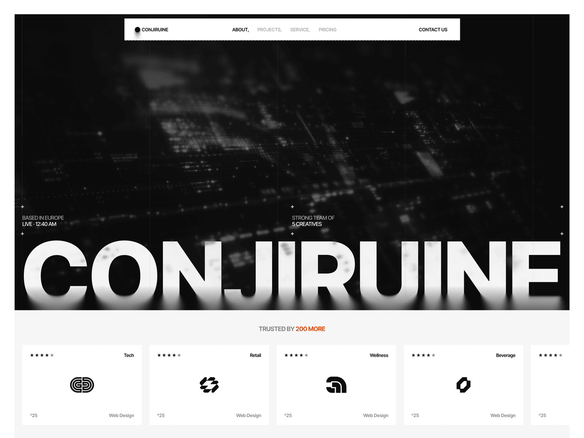 Conjiruine: A dark, type-led Framer portfolio template for studios and freelance designers who want work to carry the page.