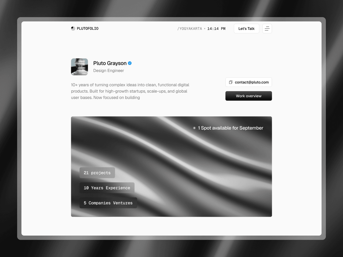 Plutofolio: A one-page Framer portfolio built around a personal bio, availability badge, and quick stat counters.