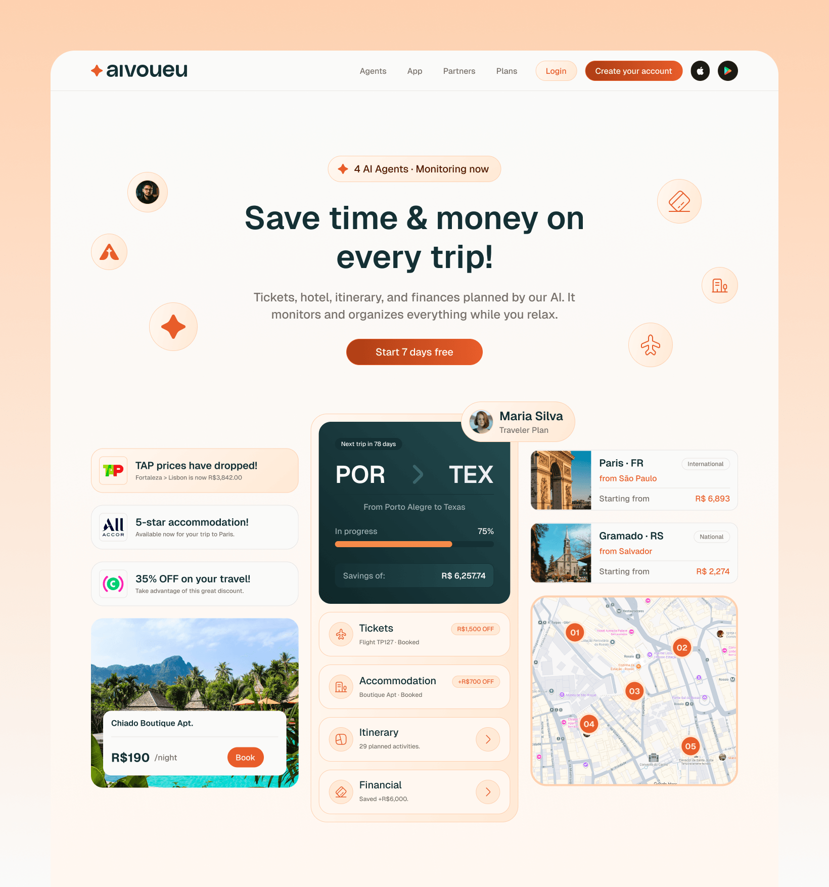 Hero for an AI travel planner. Four agents watch tickets, hotels, itinerary and finances in the background.The call I made: the headline stays short and the proof sits right under it. Instead of stacking more copy, the hero opens into the product itself — a trip in progress, real price drops, savings adding up. You scroll two inches and you already know what it does.Warm palette on purpose. Travel sells calm, not urgency.