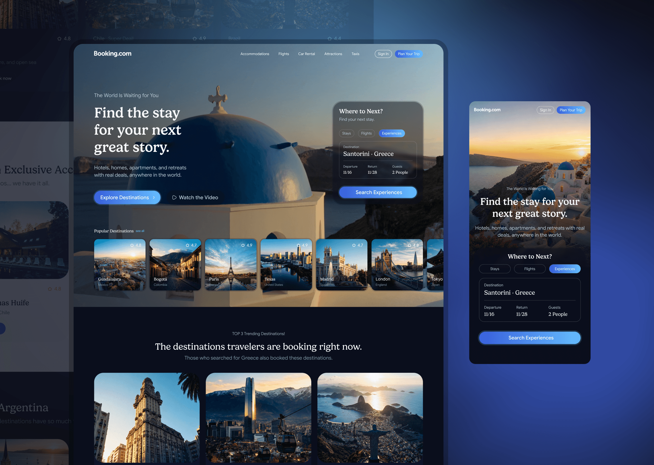 Concept redesign of the Booking.com landing page. I moved the hero away from the search-bar-first layout and let a full-bleed photo plus a serif headline set the mood, with the search card floating over it.Kept the palette to deep navy and one blue accent so the destination photography stays the loudest thing on screen.When you redesign the hero of a product people know by heart, do you keep the familiar layout or break it?