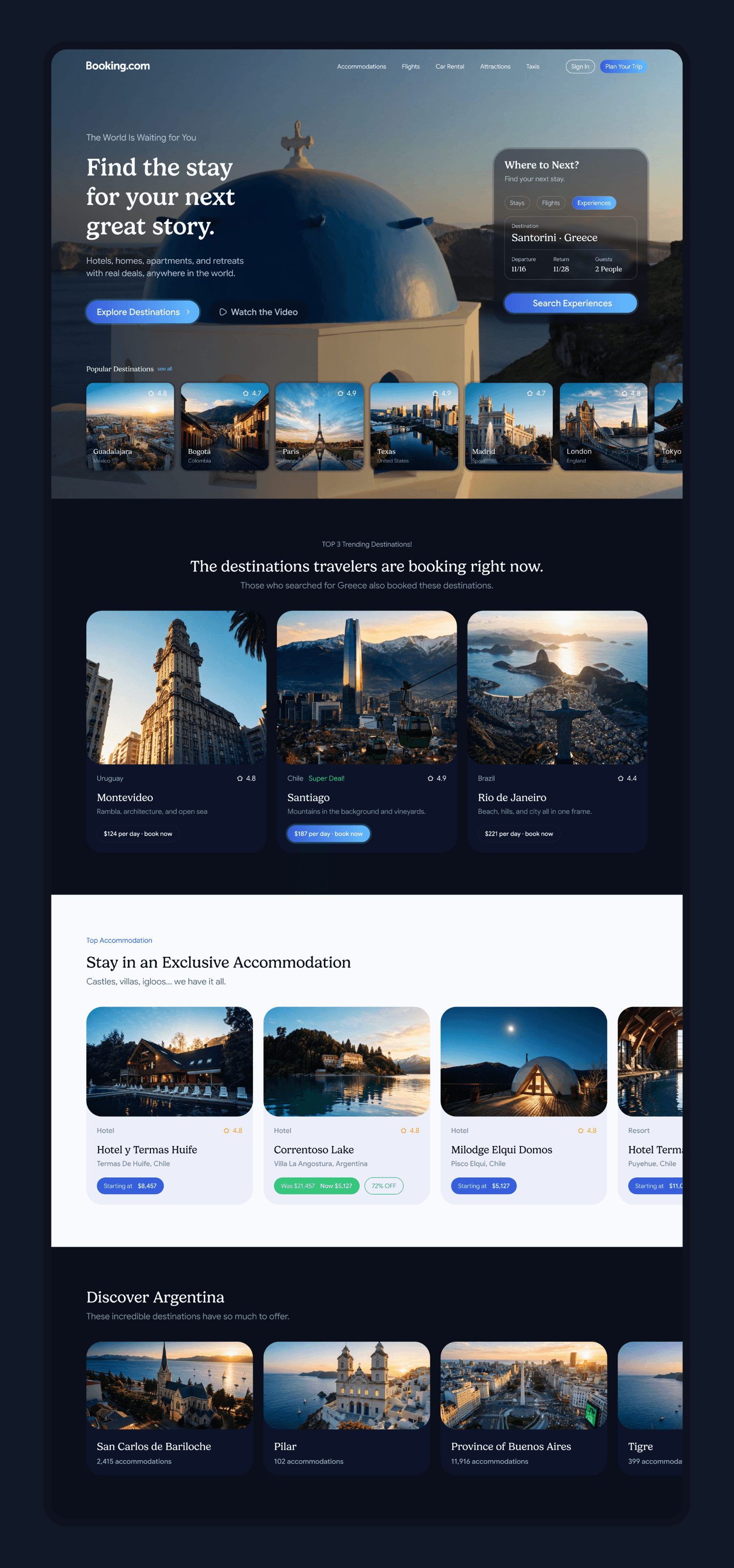 Concept redesign of the Booking.com landing page. I moved the hero away from the search-bar-first layout and let a full-bleed photo plus a serif headline set the mood, with the search card floating over it.Kept the palette to deep navy and one blue accent so the destination photography stays the loudest thing on screen.When you redesign the hero of a product people know by heart, do you keep the familiar layout or break it?
