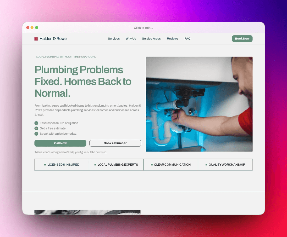 Plumbing by Neil: A Framer landing page for plumbing and home-service businesses, built around a trust-first hero and clear booking CTAs.
