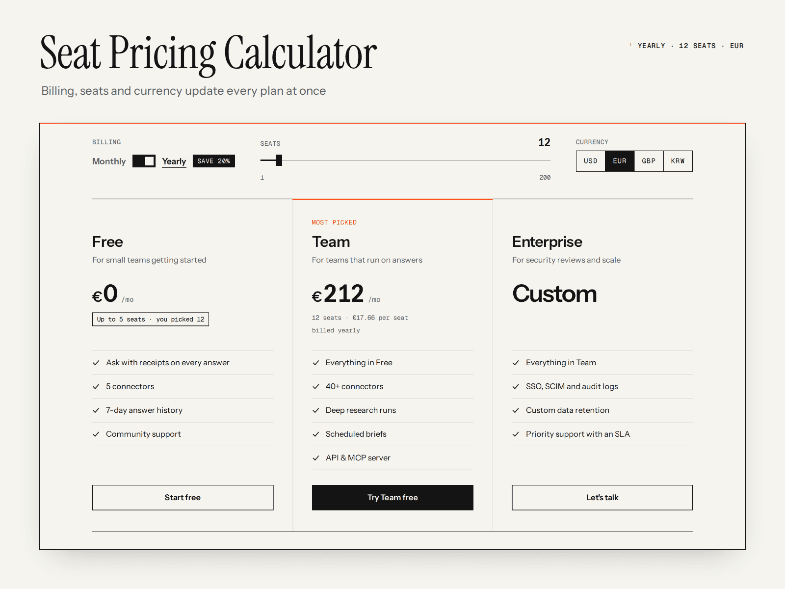 Seat Pricing Table