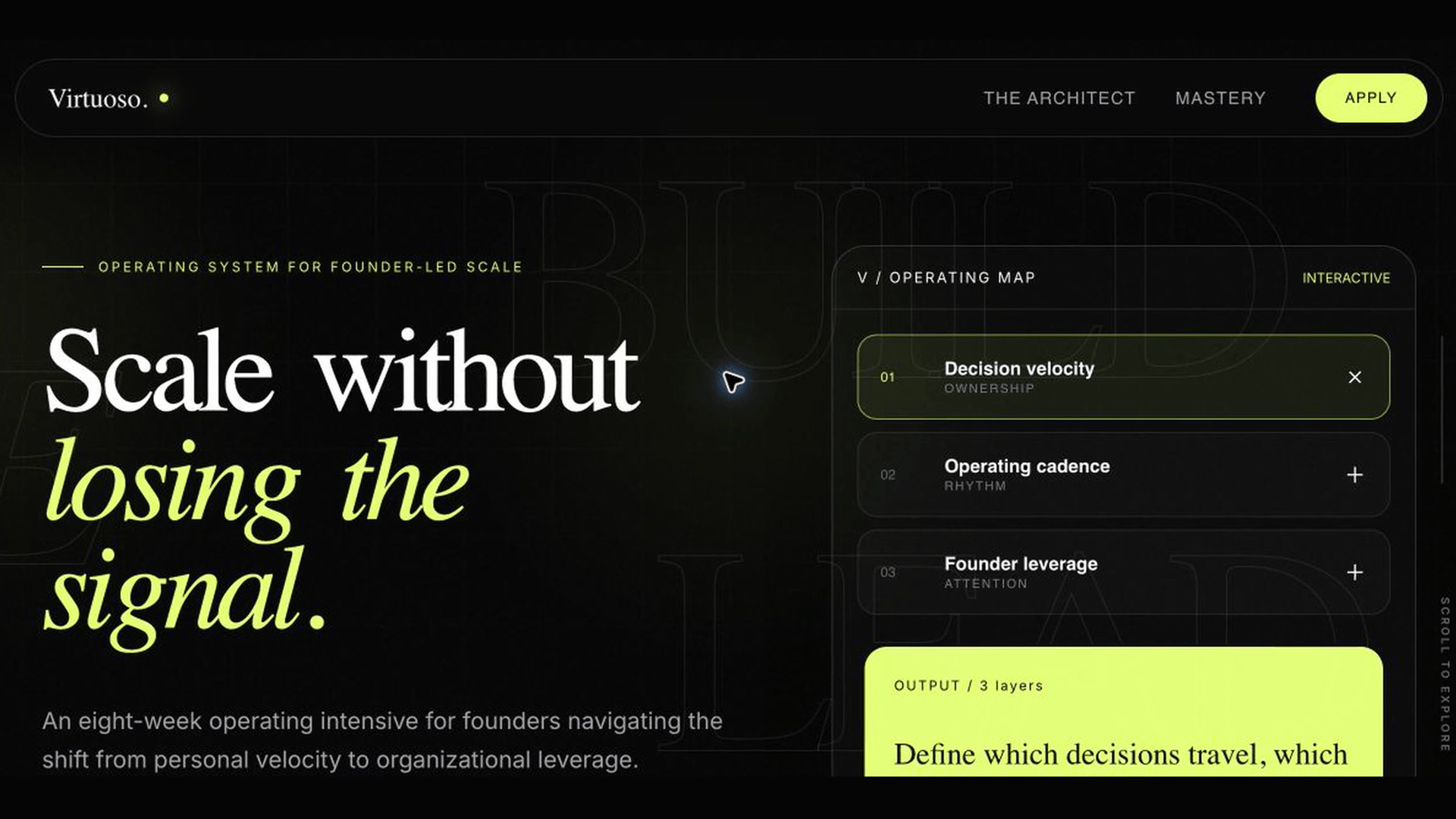 Virtuoso is a cinematic Framer template for founder-led programs, premium advisory offers, and high-trust applications.The experience is built around motion that earns its place: scroll-linked reveals, interactive operating maps, responsive editorial typography, and a focused journey from positioning to application.The visual system pairs near-black structure with electric chartreuse, oversized serif type, and layered interface details—designed to feel precise, ambitious, and unmistakably authored.I’d love to hear which part of the system stands out most.#Framer #FramerTemplate #WebDesign #CreativeDirectionCheck it out here: https://framer.com/projects/Virtuoso-The-Mastermind--C14OlO86UXKXvlO9jPJa-4h3m4?node=augiA20Il&view=preview