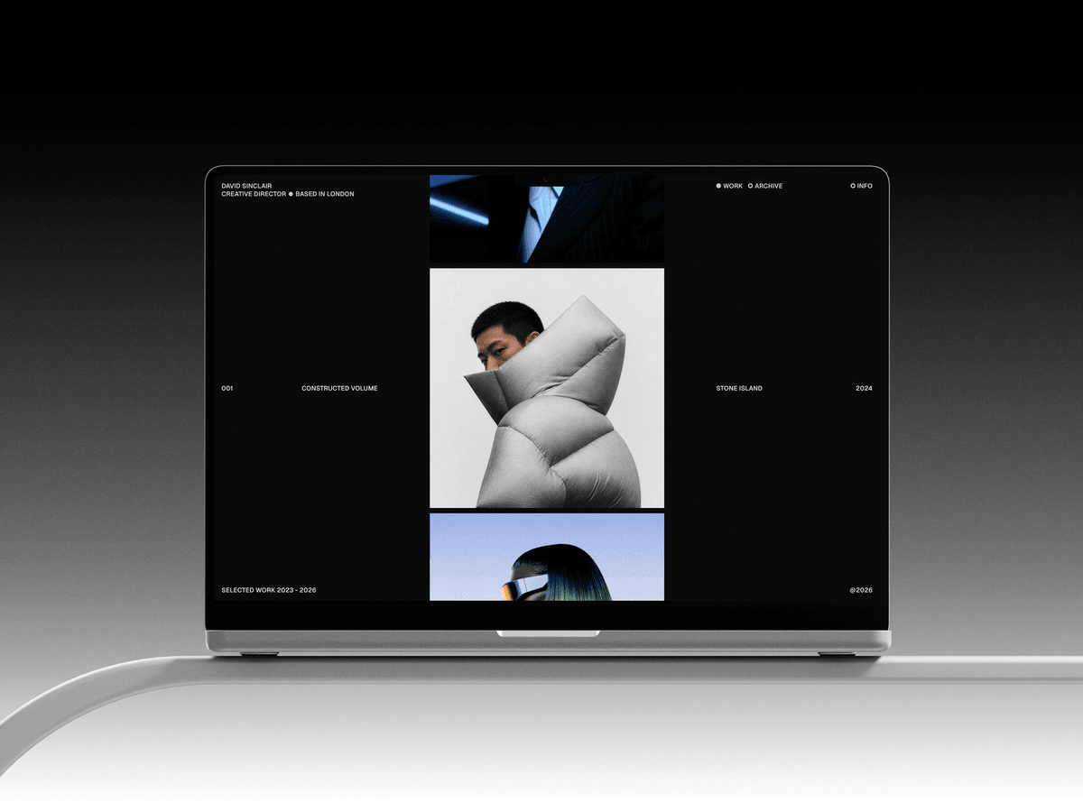 David Sinclair: A dark, image-led Framer portfolio template for creative directors and studios who want the work to lead.