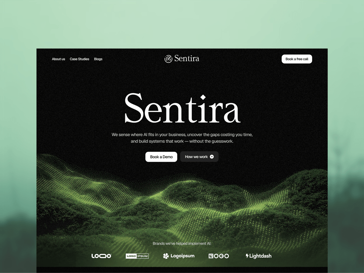 Sentira: A dark, editorial Framer template for AI and automation consultancies, built around a generative dot-field hero visual.