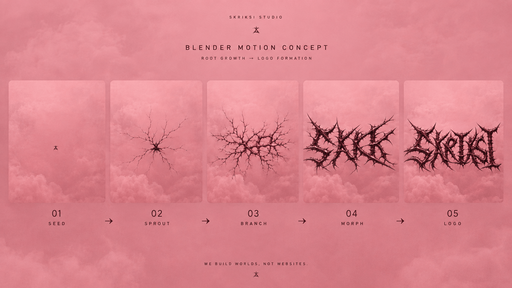 SKRIKSI STUDIO — Blender Motion Study 01Exploring a procedural logo reveal for the new SKRIKSI website.The animation starts from a single point. Organic root-like structures slowly grow, branch and connect until they form the final SKRIKSI logo.Built as a 3D motion system in Blender and planned for integration into the Framer hero experience.Still WIP — currently refining growth speed, branching, materials and the final morph.From growth to identity.#SKRIKSI #Blender #Framer #MotionDesign #3D #WebDesign #CreativeDirection #GenerativeDesign #Worldbuilding