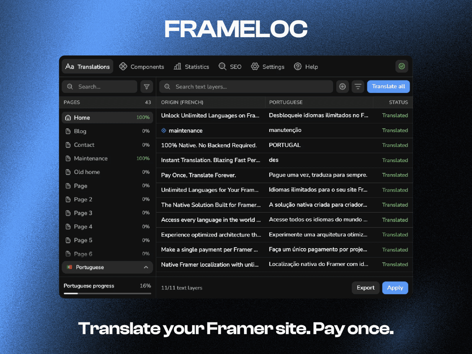 FrameLoc - Native Framer Translation