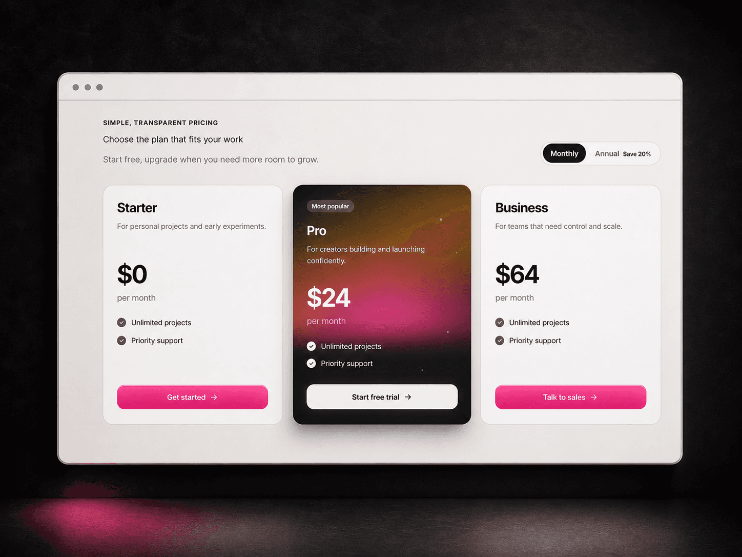 Glow Pricing Table