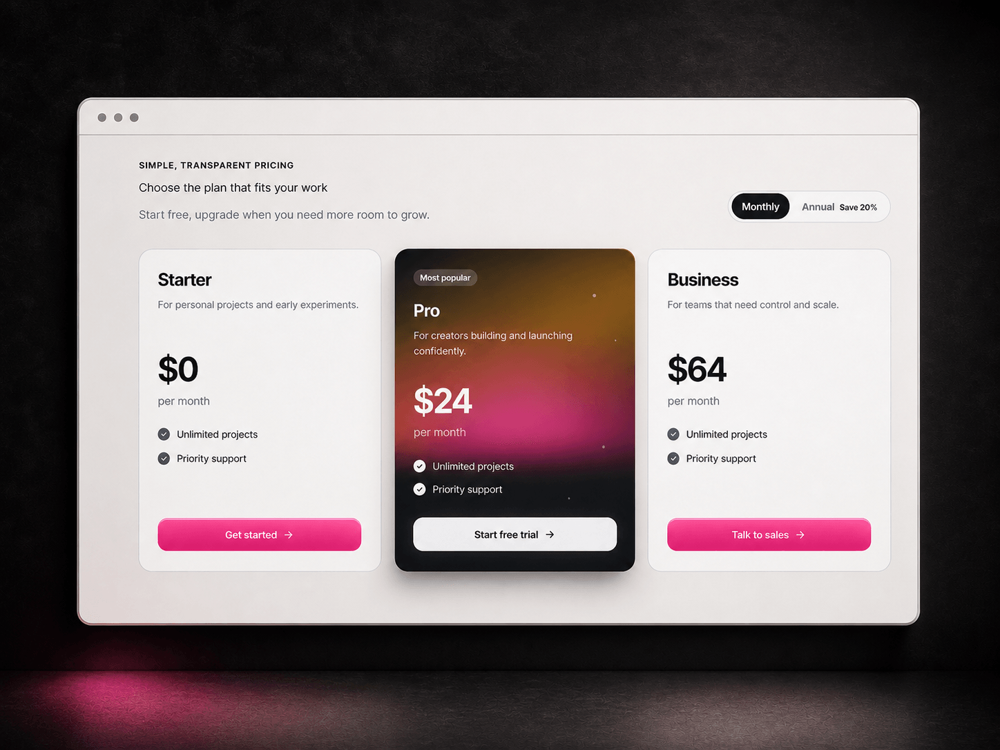Glow Pricing Table