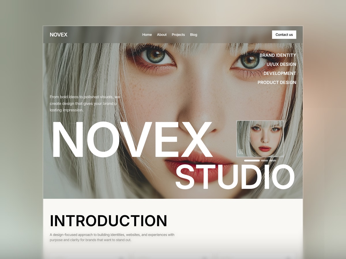Novexstudio: A Framer coded portfolio template for design studios that want cinematic, image-led pages with oversized typography.