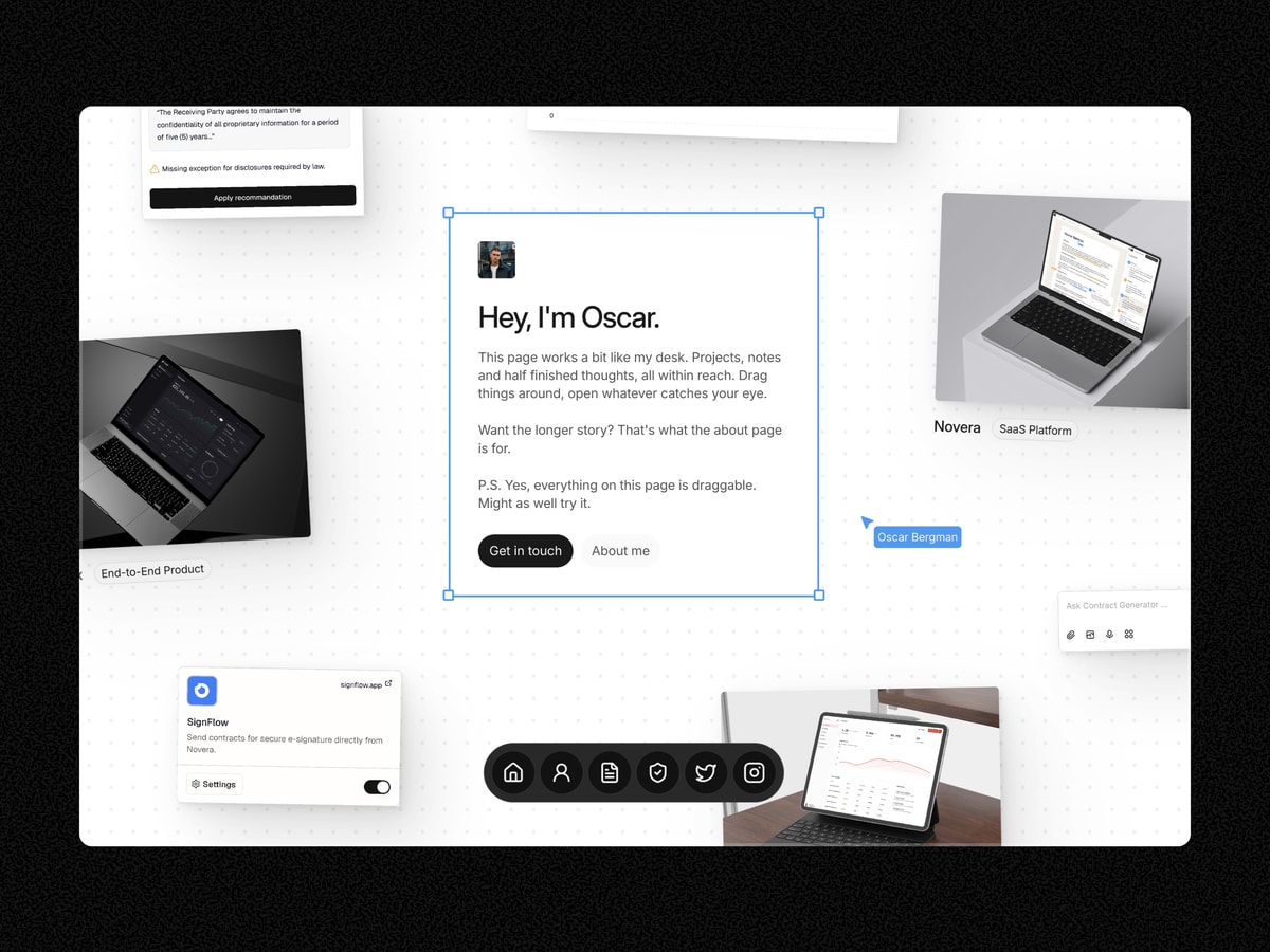 Jotter: A draggable personal-page template for Framer, built for designers who want an interactive portfolio rather than a static one.