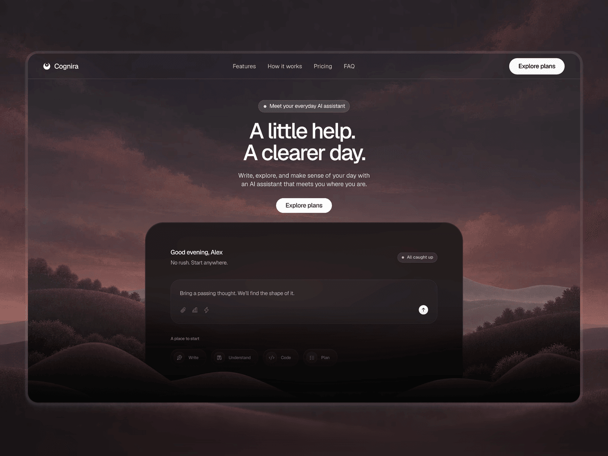 Cognira: A Framer landing page for AI assistant and productivity products, built around a dark product-preview hero.