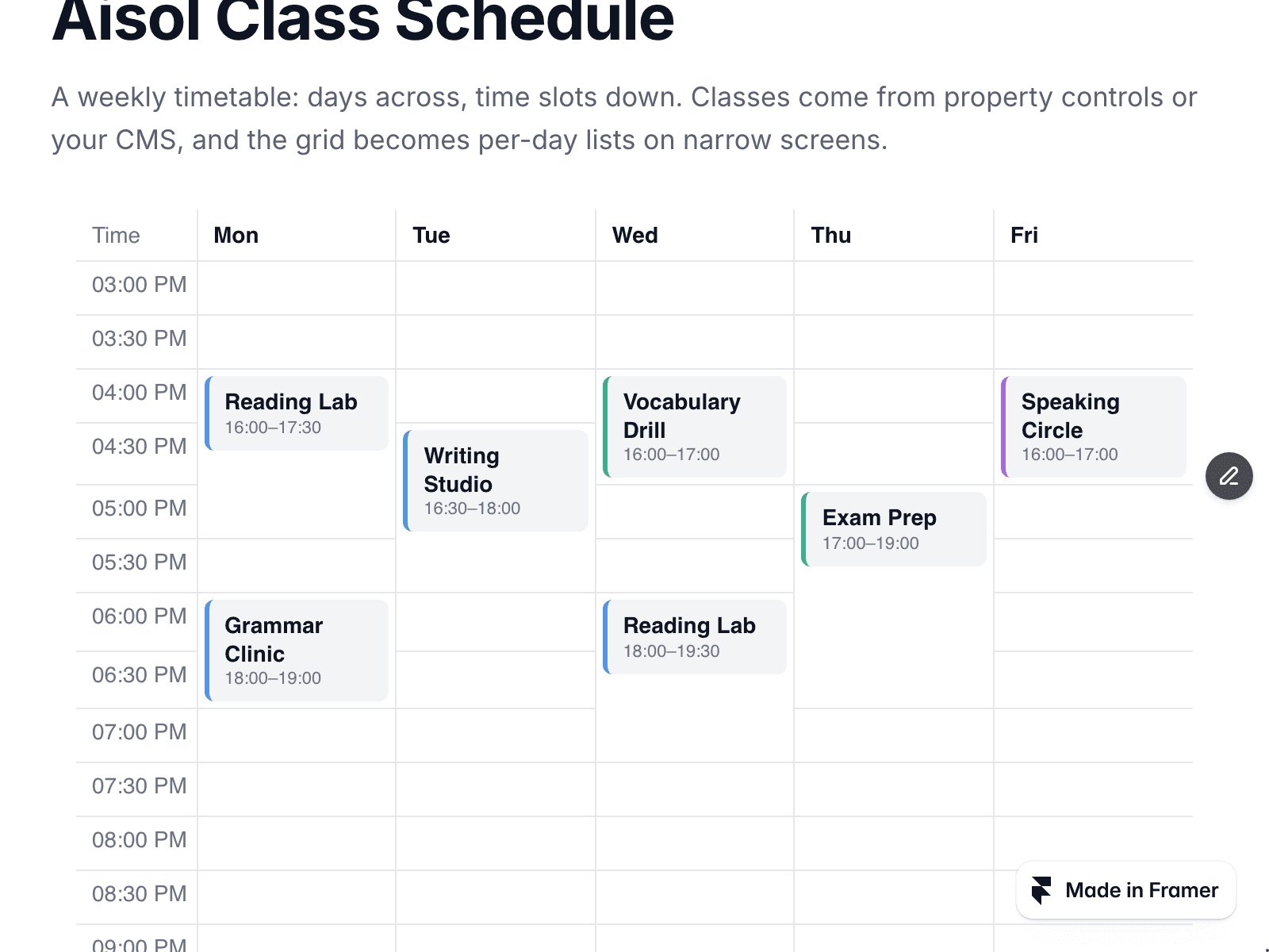 Aisol Class Schedule