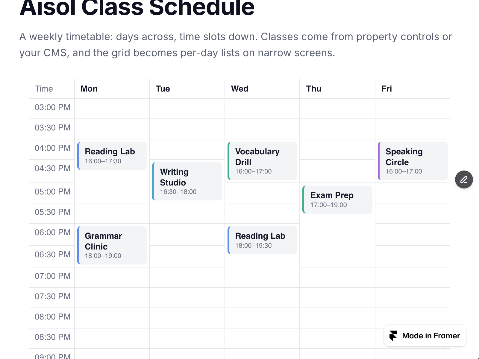Aisol Class Schedule