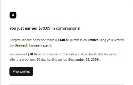 Just earned my first Framer commission 🎉 One of my clients purchased their Framer plan through my referral, and it's a nice reminder of why I always point clients to Framer directly when I build with it.Small win, but a good one. Excited to keep building on Framer and growing with this community 🚀
