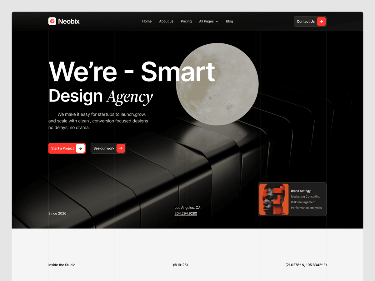 Neobix: A dark, type-led Framer template for design studios and agencies that want a bold hero and sharp service positioning.