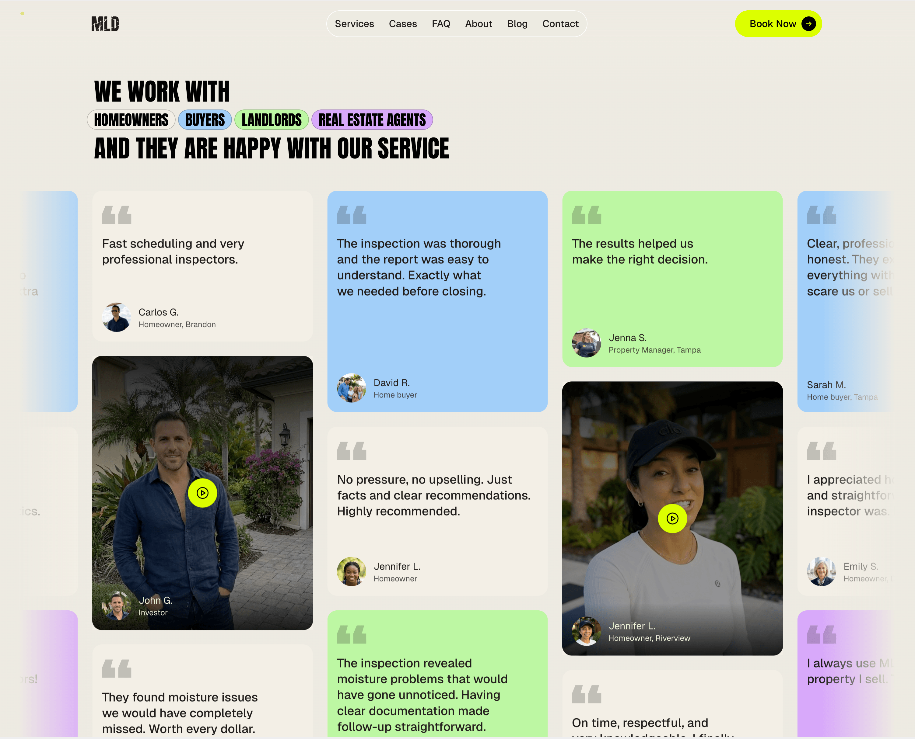 How often do you redesign your published templates? At first I kind of liked the testimonial area.And the hypothesis was that color-coded testimonials help the target audience to find related messages faster. Now it feels like maybe its too playful for the landscaping niche? Happy to hear other hot or not hot takes. https://mld-preview.framer.website/