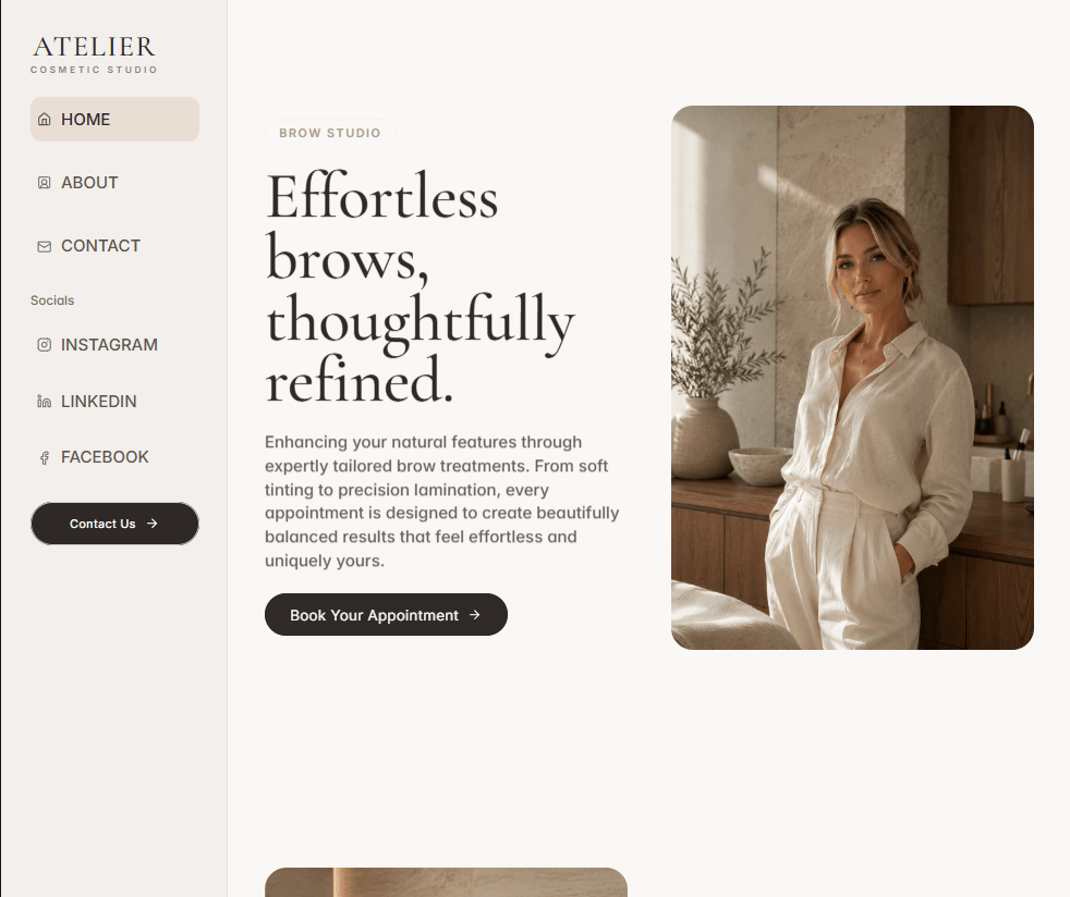 Olia - A Framer template for brow bars and local businesses. Featuring 3 pages and a 404 page, easy customization and styling. Remix here for free https://framer.link/H97Y5nY