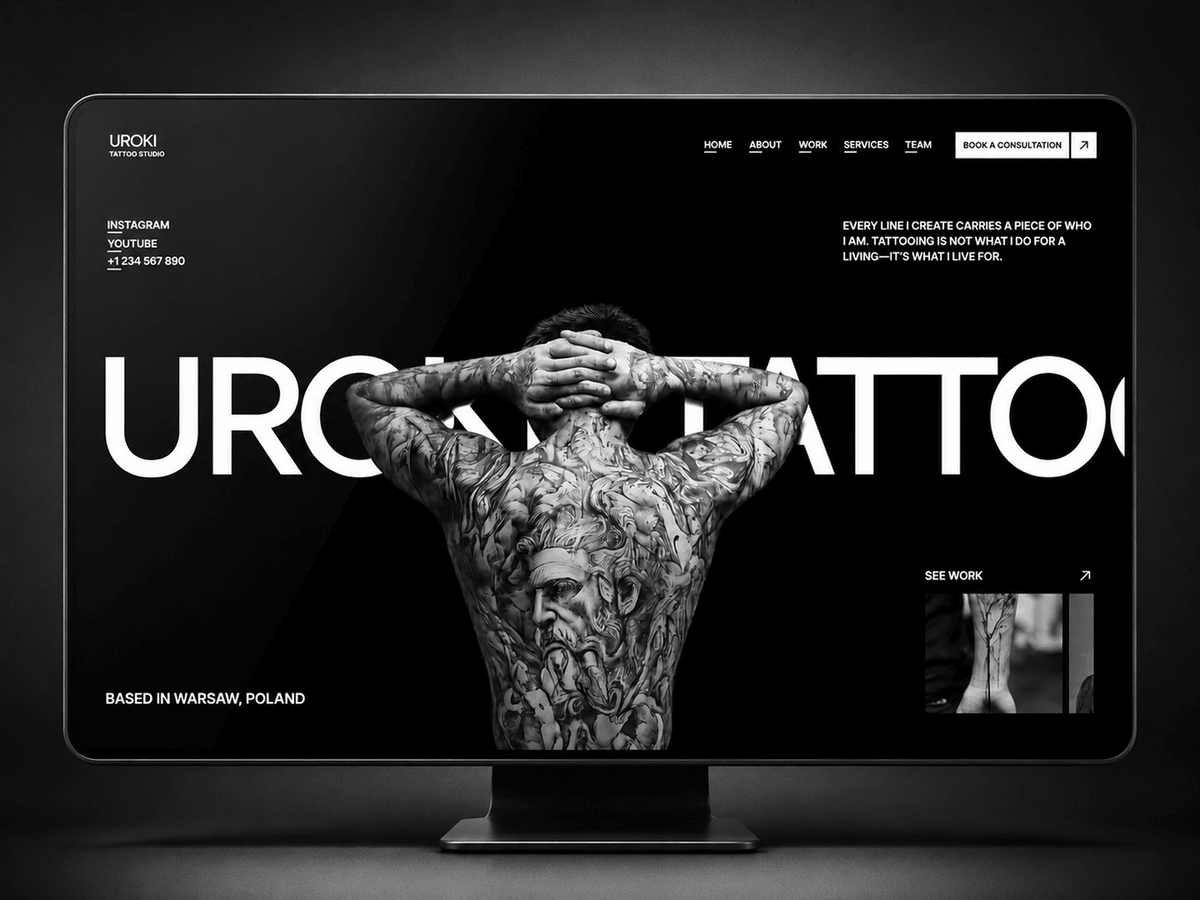 Uroki: A monochrome Framer template for tattoo studios and solo artists who want editorial, photo-led pages.