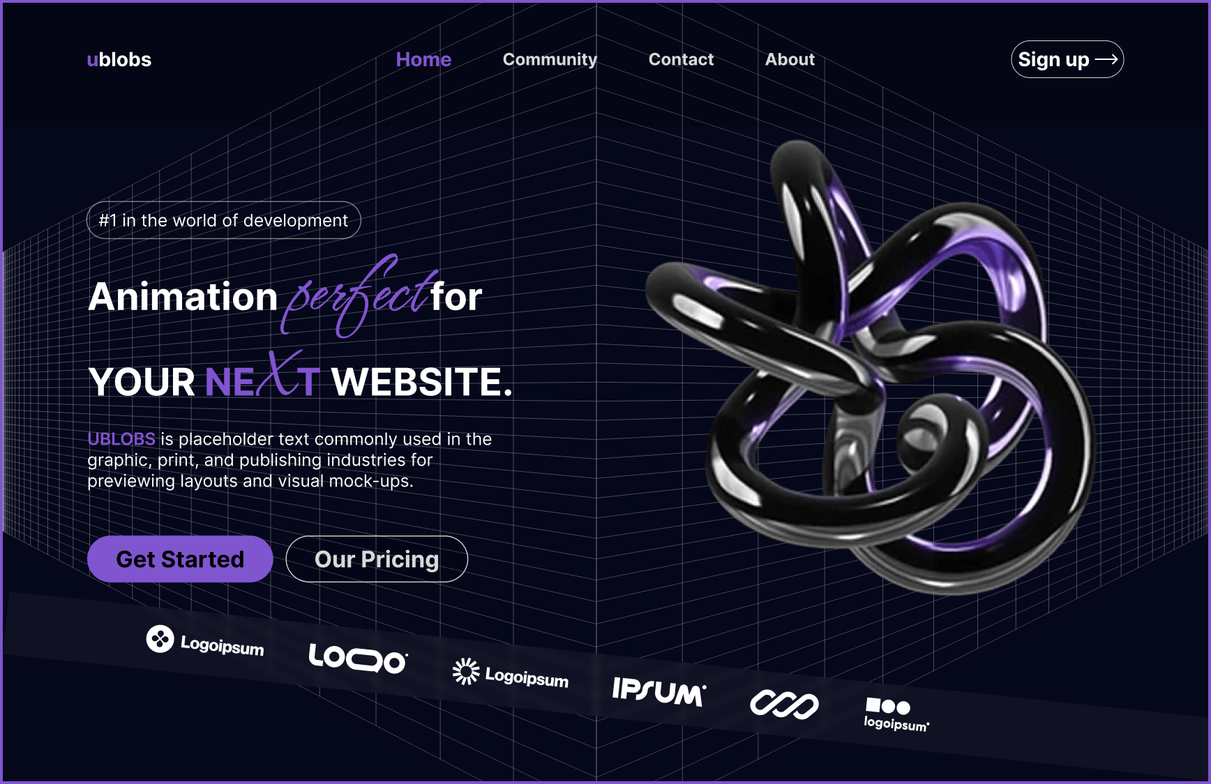 Ublobs — Dev-focused landing page with 3D motion heroA concept built around the idea that animation should feel intentional, not decorative — this hero section pairs a rotating 3D metallic knot with a technical grid background to give "ublobs" a premium, developer-first identity.Design details: → Dark, grid-based background for a technical/dev feel → Custom 3D animated centerpiece (metallic purple-black knot) → Mixed typography — bold sans + script accent on "perfect" → Clean two-CTA structure (Get Started / Our Pricing) → Logo strip for social proofStack: Figma → Spline (3D + animation) → FramerWould love feedback from the community — especially on the 3D piece's motion timing and whether the grid background competes too much with the hero content.