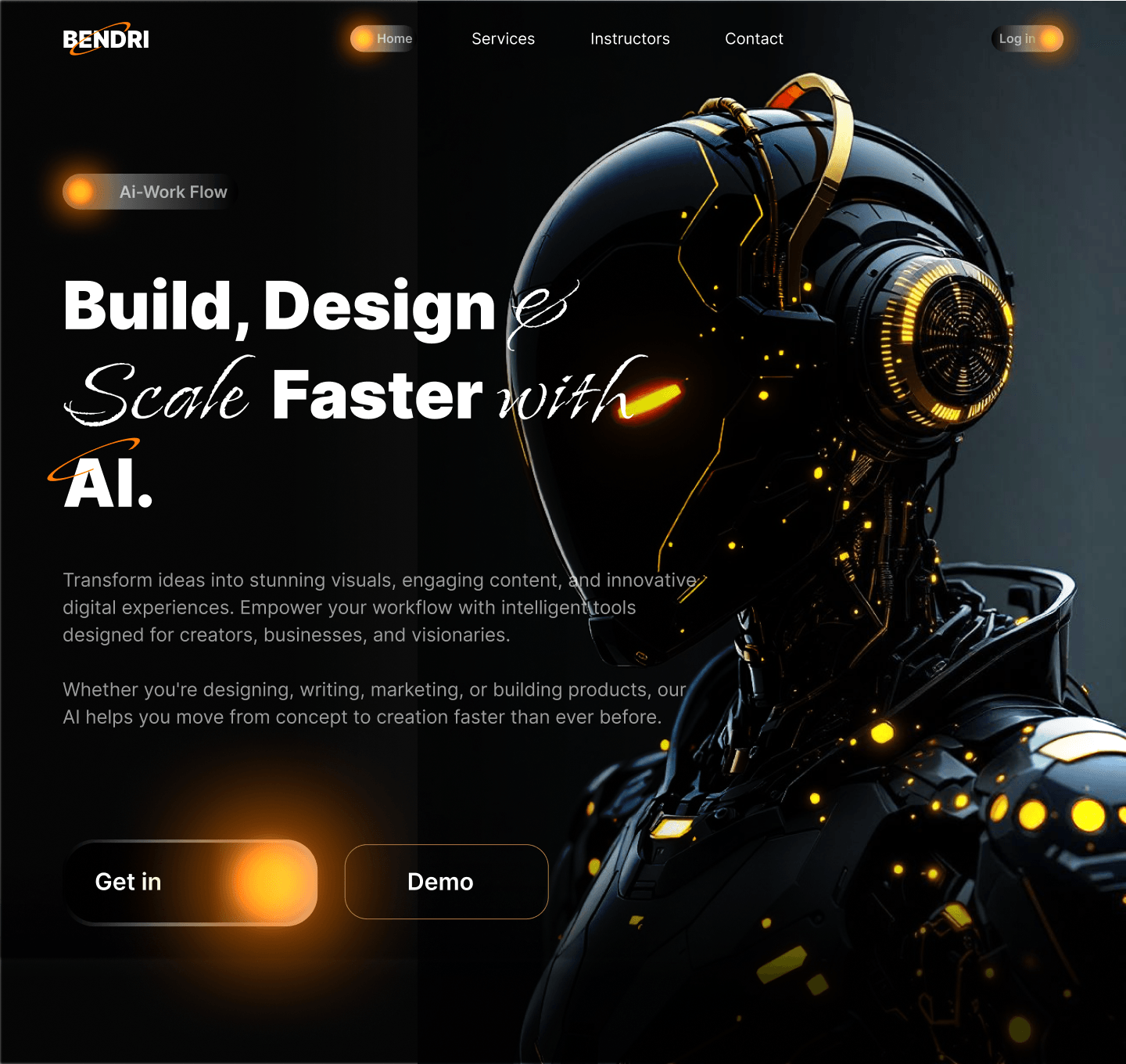Title: Bendri AI — Animated Hero SectionDescription: Animated hero design for Bendri, an AI workflow platform. Bold typography, glowing AI-character visual, and a dual-CTA structure (Get In / Demo) built to convert on first impression.Figma → Framer.Open for AI/SaaS landing page projects.Category: AI / SaaS