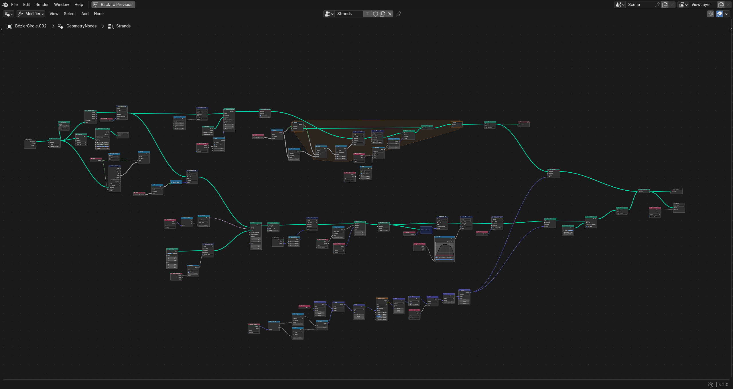 Here is a breakdown for our main effect on our newest template - StrandWe wanted to create something eye-catching and interactive for our hero section that represented connectivity. Defining a shape and making sense of chaos using nodes and strands. Extra challenge - make it customizable.We prototyped the effect in Blender, as it is blazing fast to iterate with geometry nodes, getting a feel for the procedures for the effect, as well as how to interact with it.The next step was translating the node setup into three.js code. Geometry nodes become geometry buffers, 3D noise and interactivity become the vertex shader, pulses and visuals (blender shader) become the fragment shader.Since our effect is procedural we can plug any shape into it. This was the final challenge - how do we provide good input? We wanted to supply the user with the tools to do so without ever leaving Framer. We created a custom component with one job - connect an SVG (a shape) to it and convert it to points (the input). Added bonus: we offload this process from runtime.Copy the points over to our main effect and done!