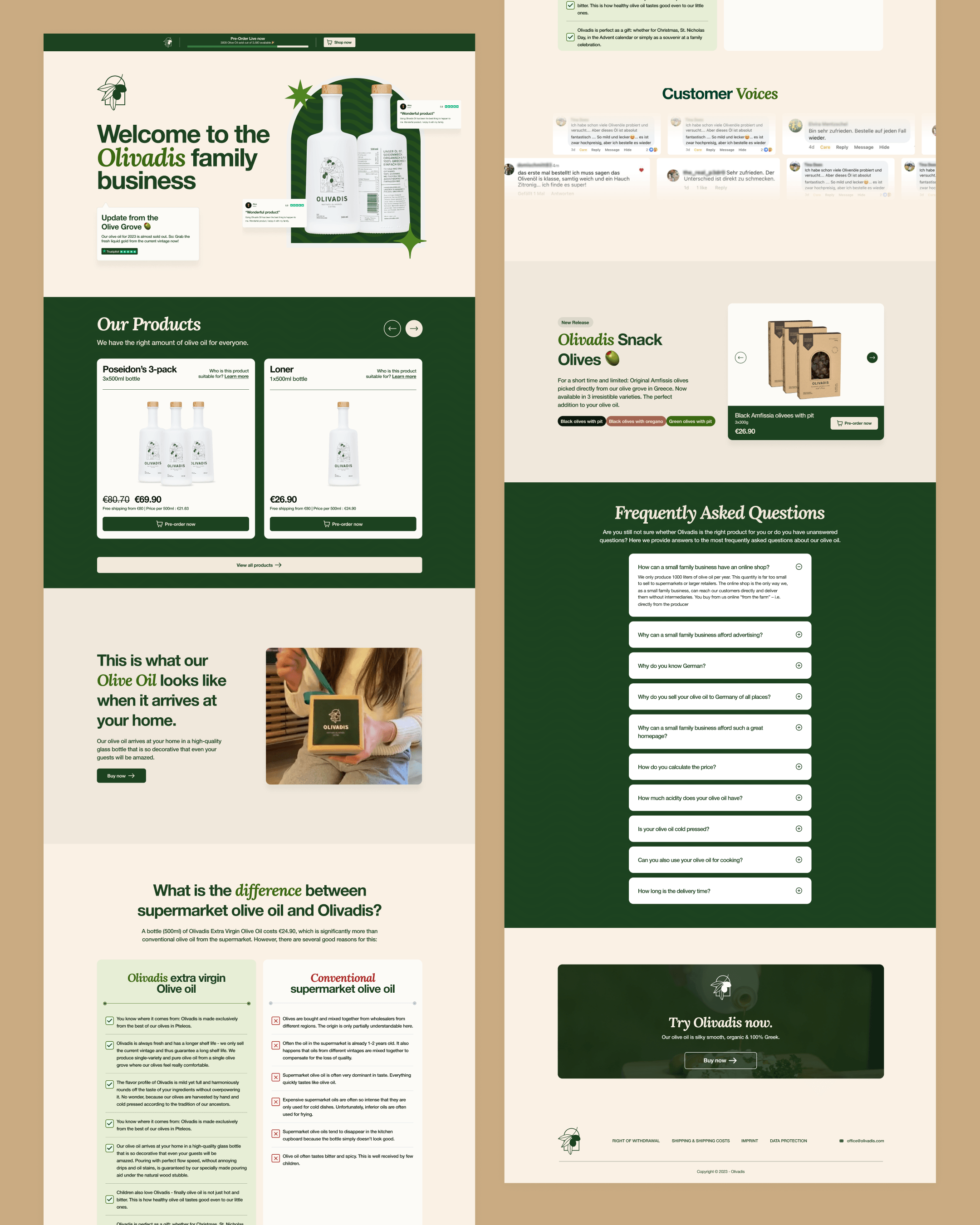 Your product isn't the problem. Your website might be. Olivadis is a small oil business with a good product and a simple problem: their online presence wasn't helping them sell it. Helping them turn their business from zero online presence into a proper sales channel. We focused on making the brand easier to discover, the products easier to understand, and the path to purchase clearer.