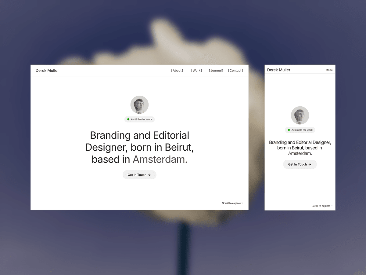 Derek Muller: A coded Framer portfolio template for designers and freelancers who want one clear, type-led intro page.
